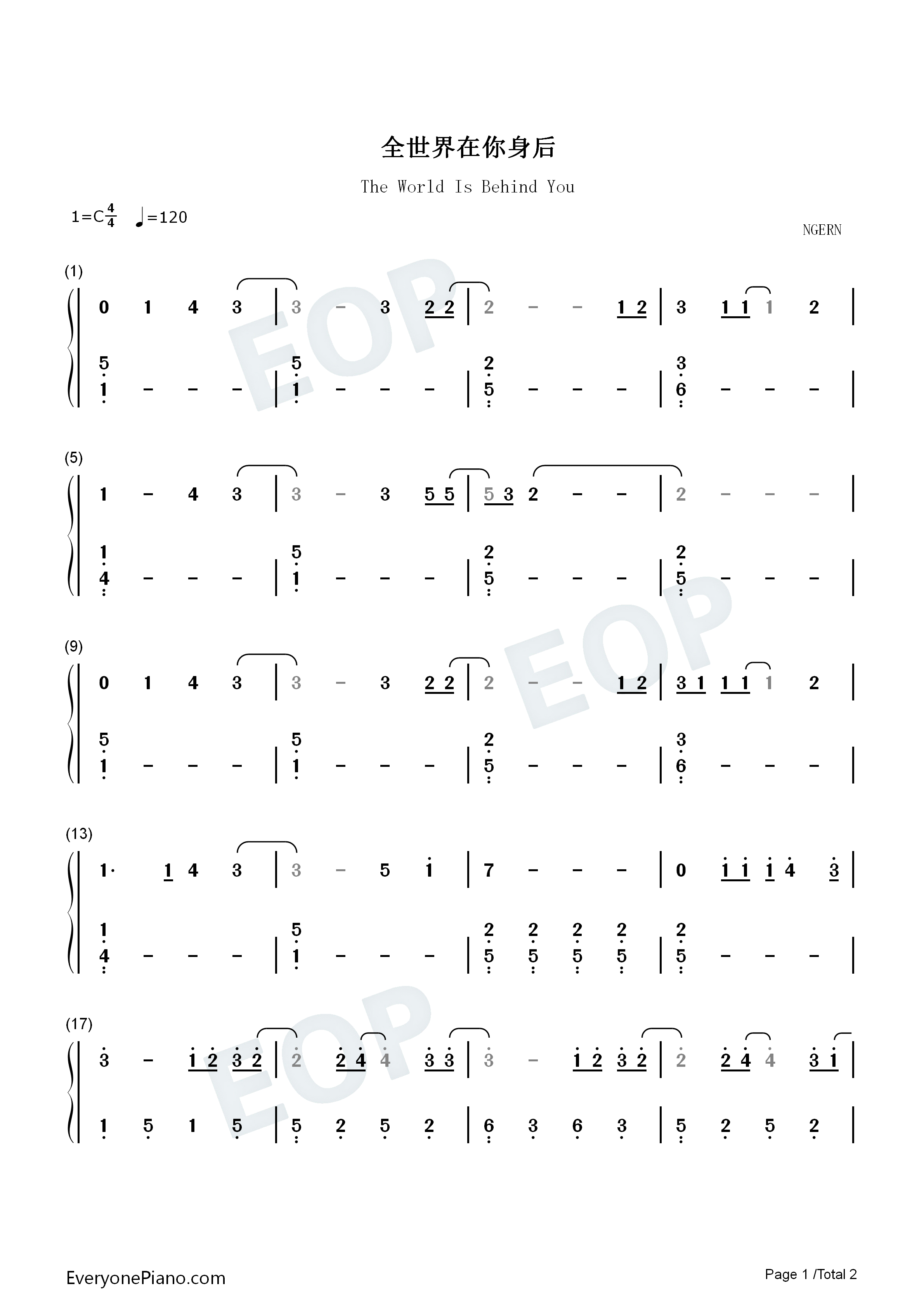 全世界在你身后钢琴简谱_都智文演唱