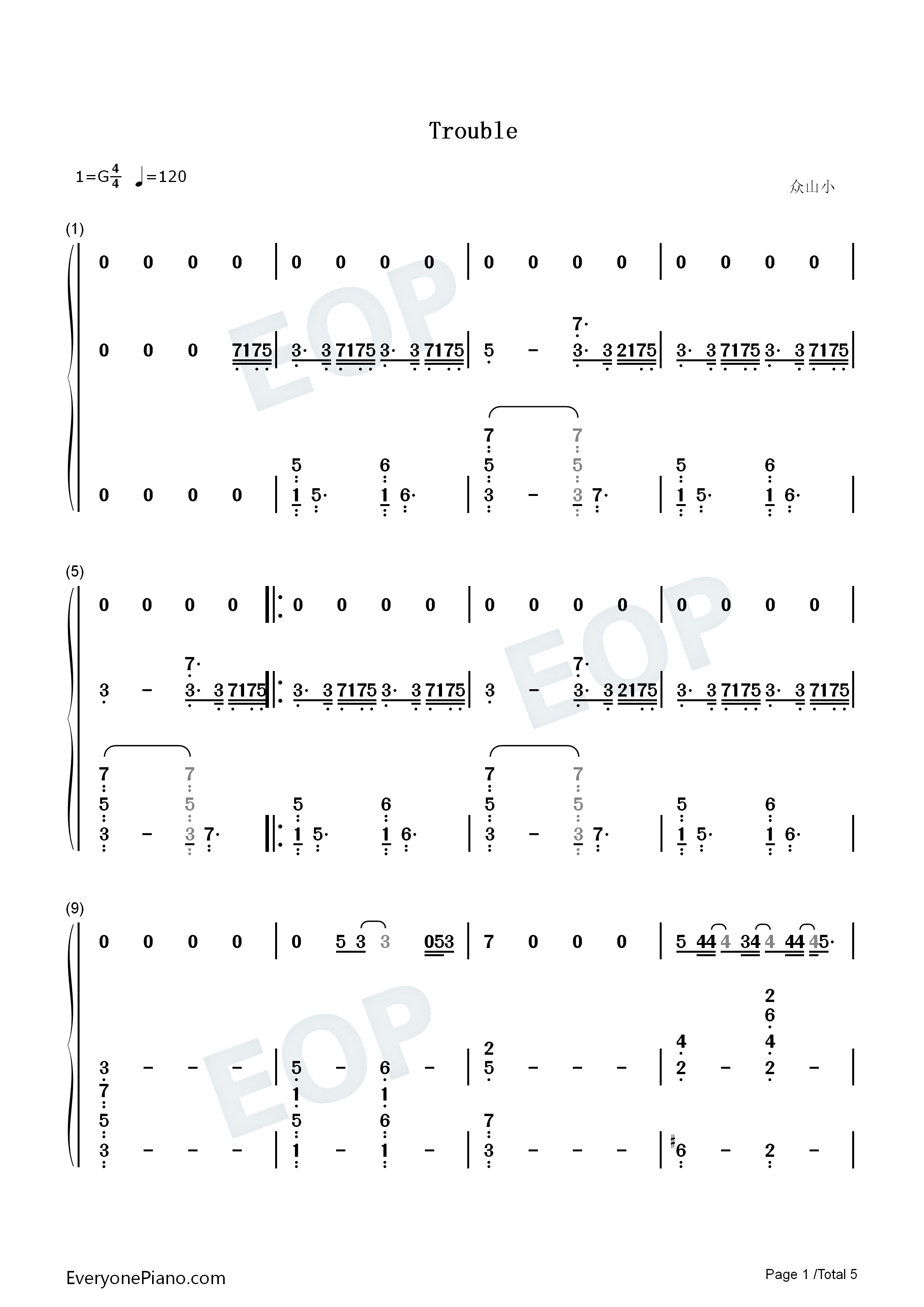 Trouble钢琴简谱_Coldplay演唱