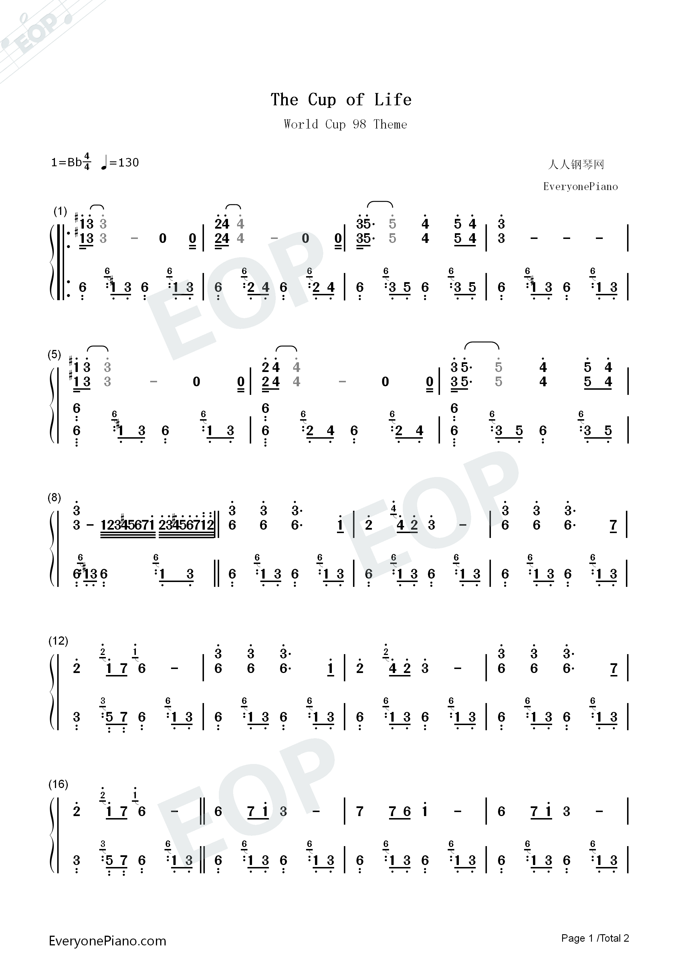 生命之杯钢琴简谱_Ricky_Martin演唱