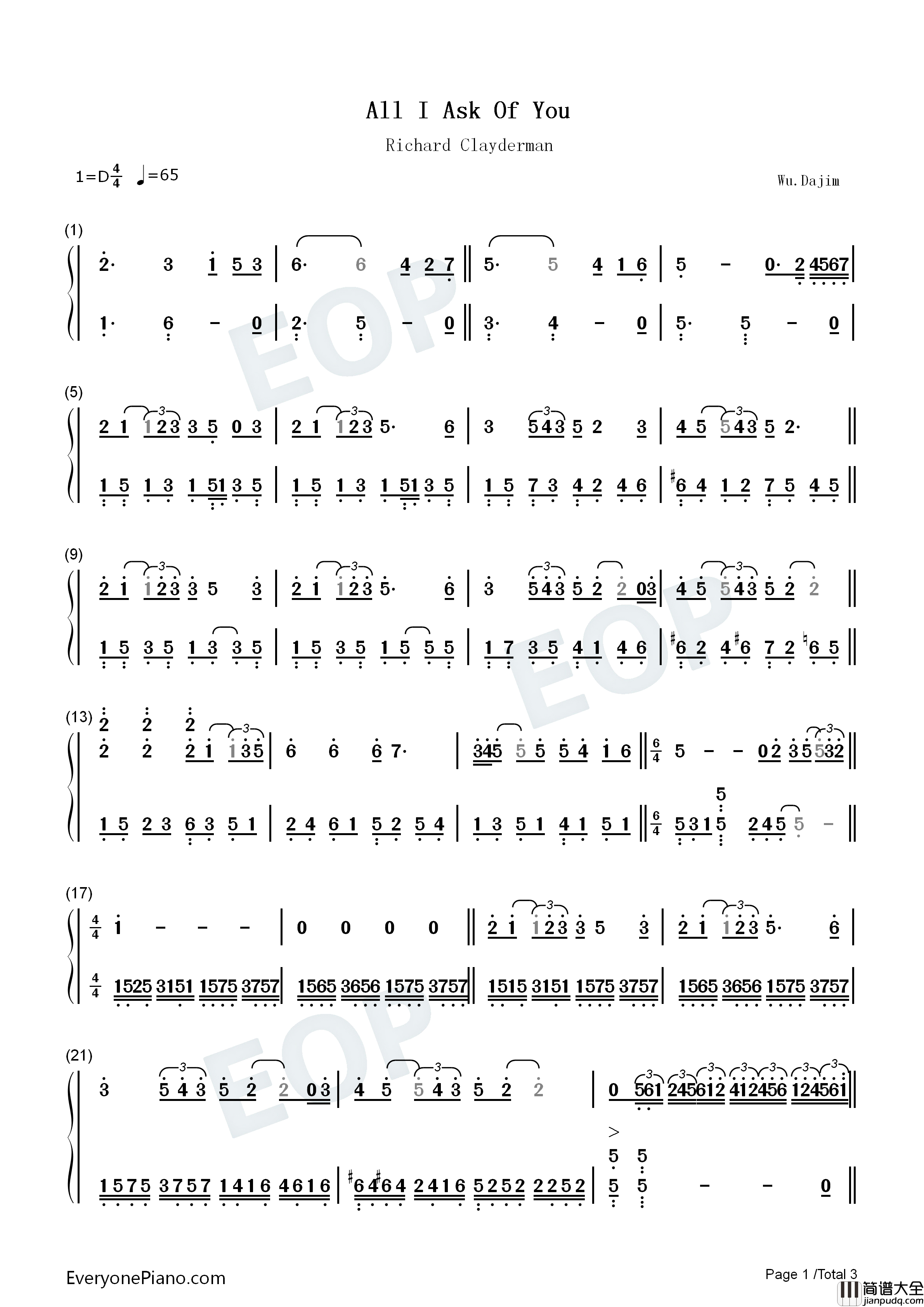 All_I_Ask_Of_You钢琴简谱_理查德·克莱德曼演唱