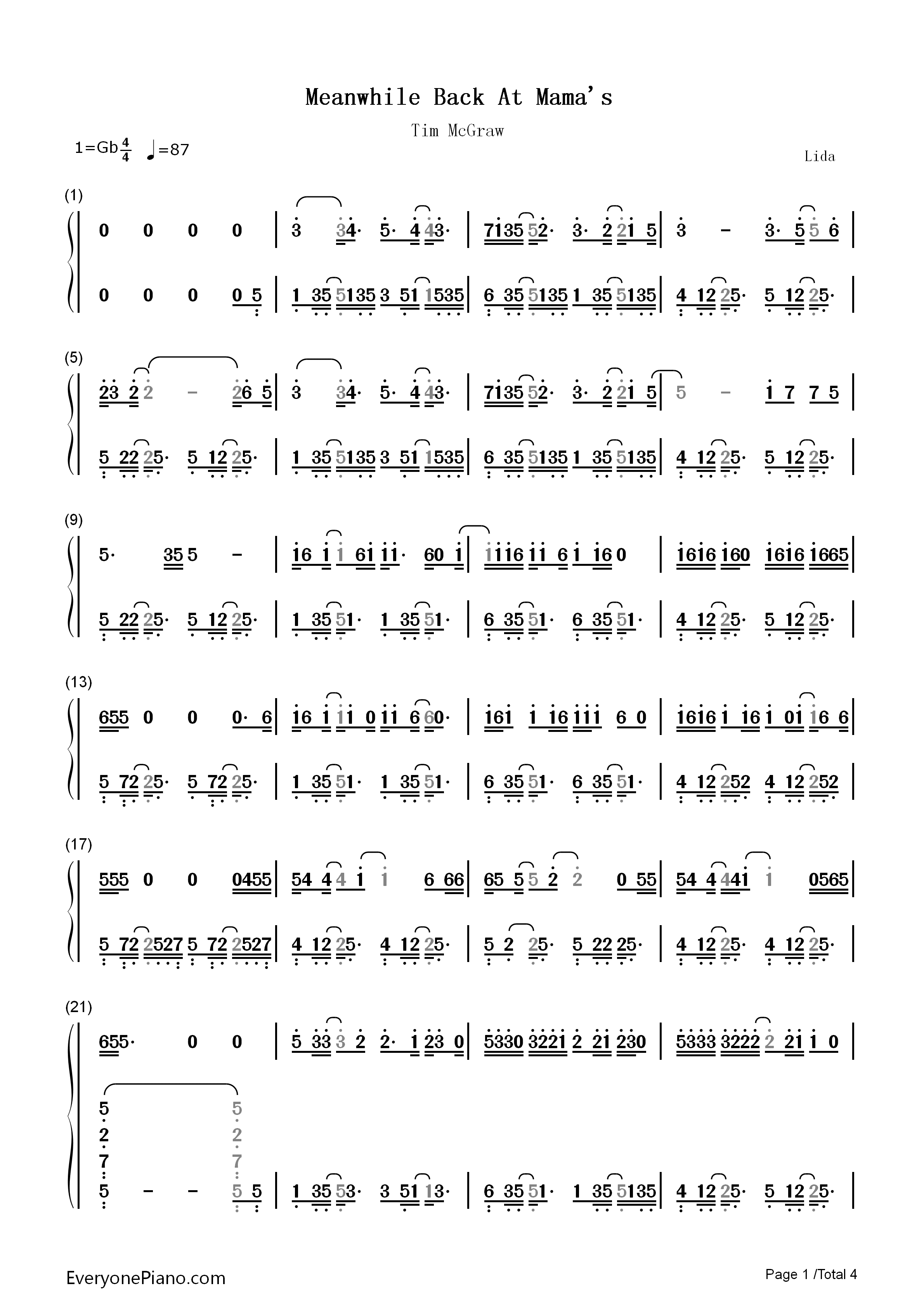 Meanwhile_Back_At_Mama's钢琴简谱_Tim_McGraw演唱