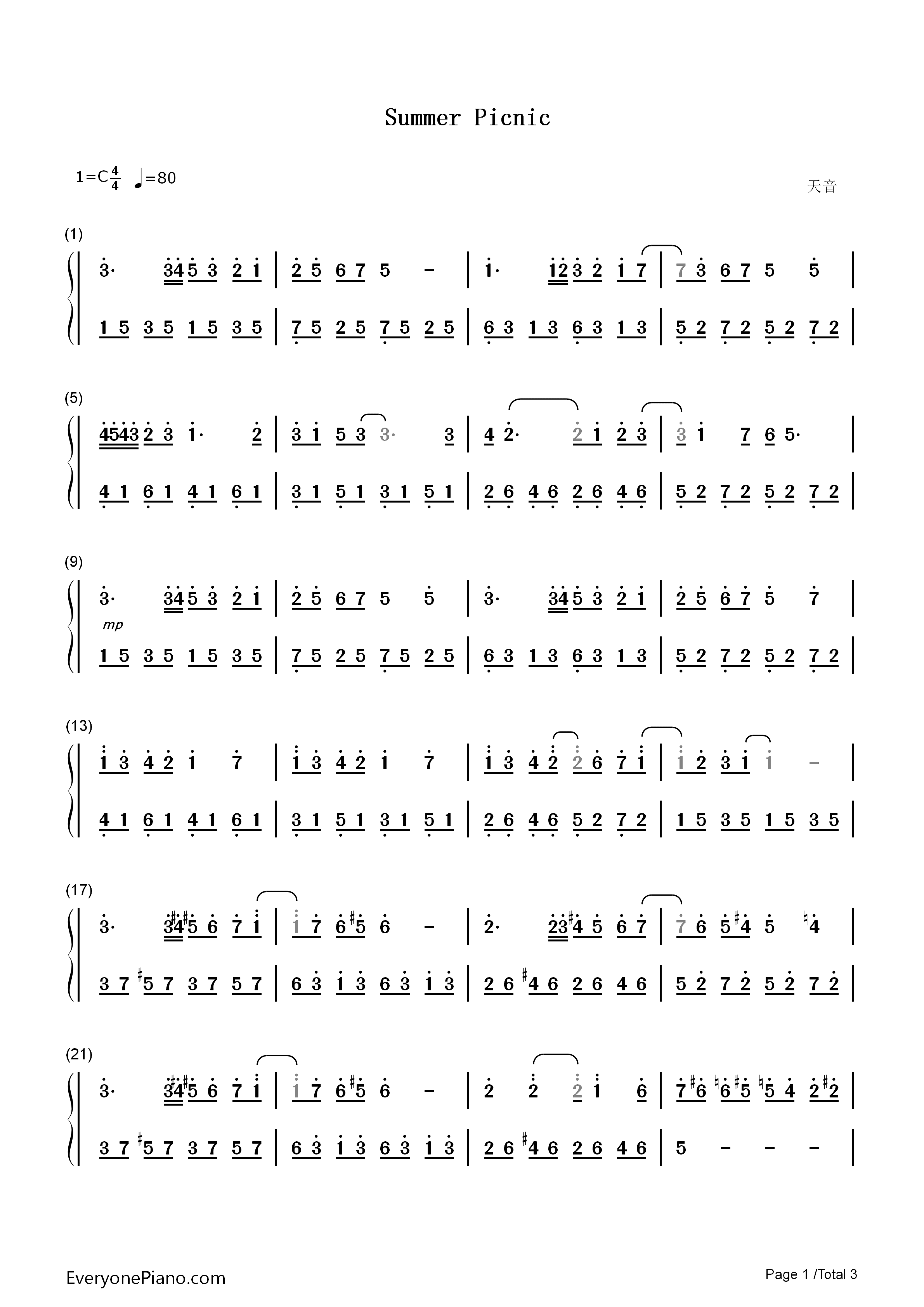 Summer_Picnic钢琴简谱_Yulia演唱