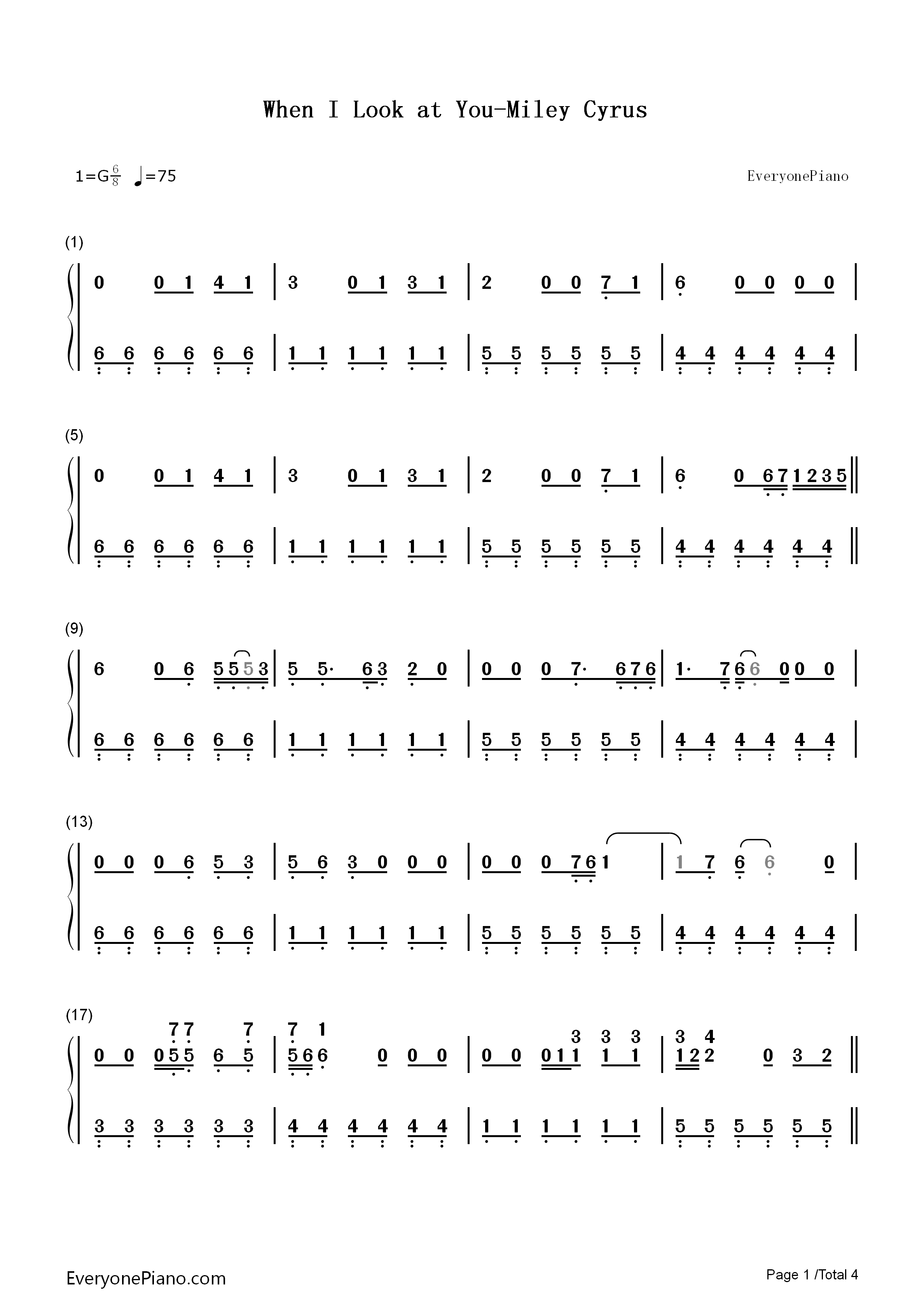 When_I_Look_at_You钢琴简谱_Miley_Cyrus演唱