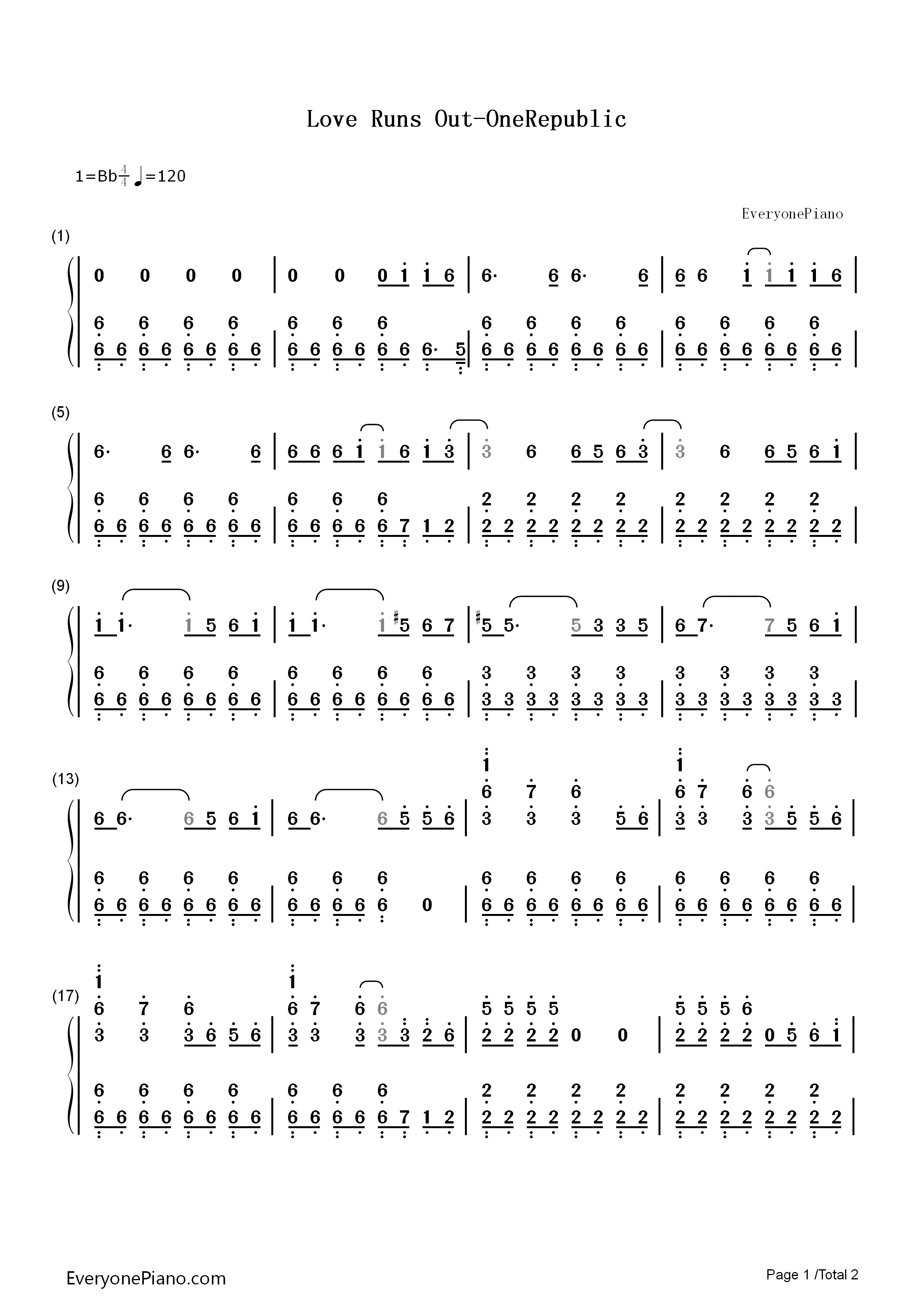 Love_Runs_Out钢琴简谱_OneRepublic演唱