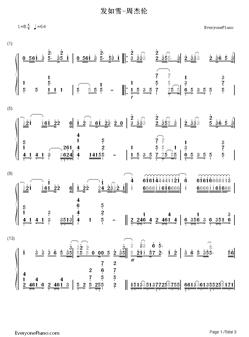 发如雪钢琴简谱_周杰伦演唱