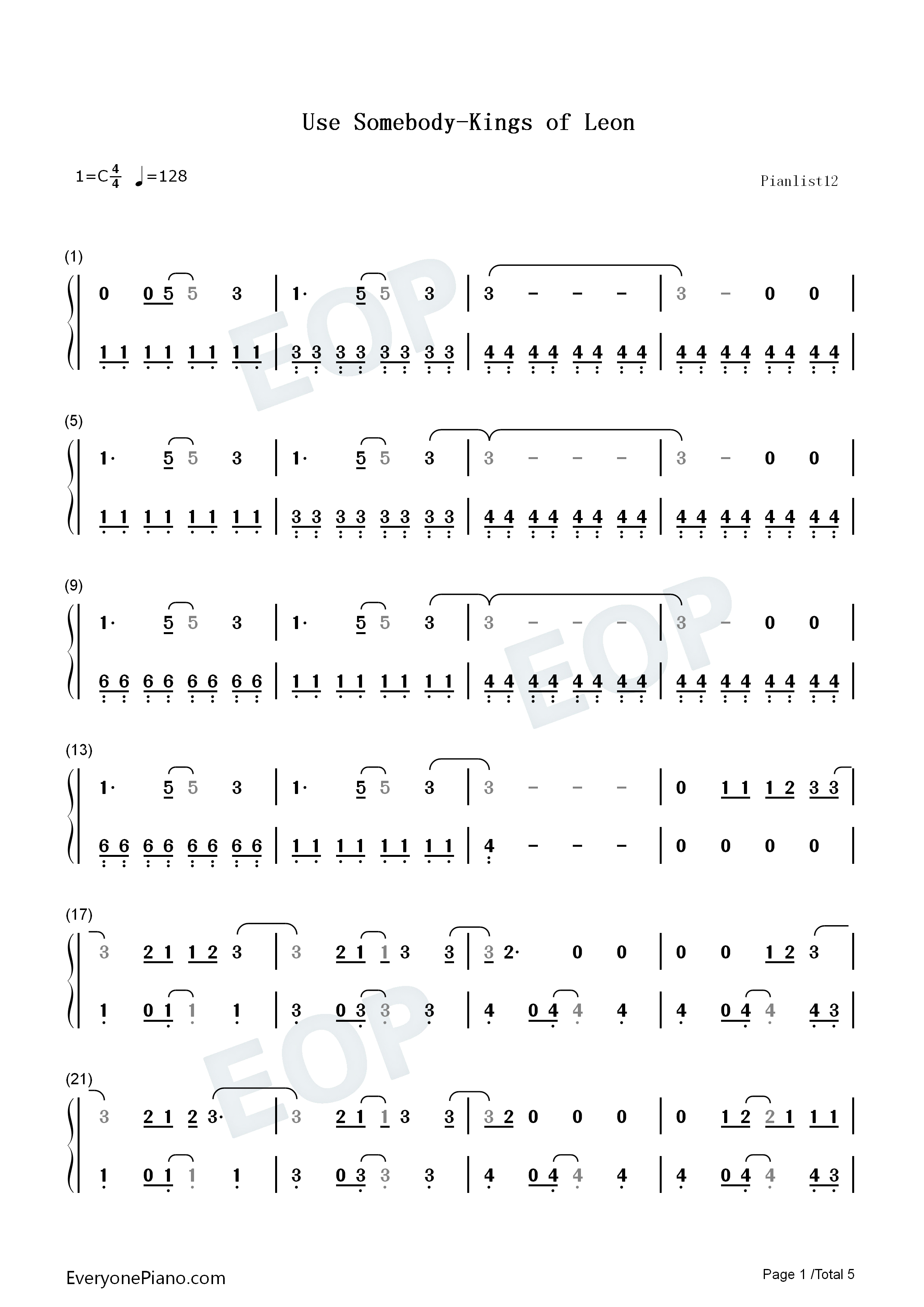 Use_Somebody钢琴简谱_Kings_of_Leon演唱