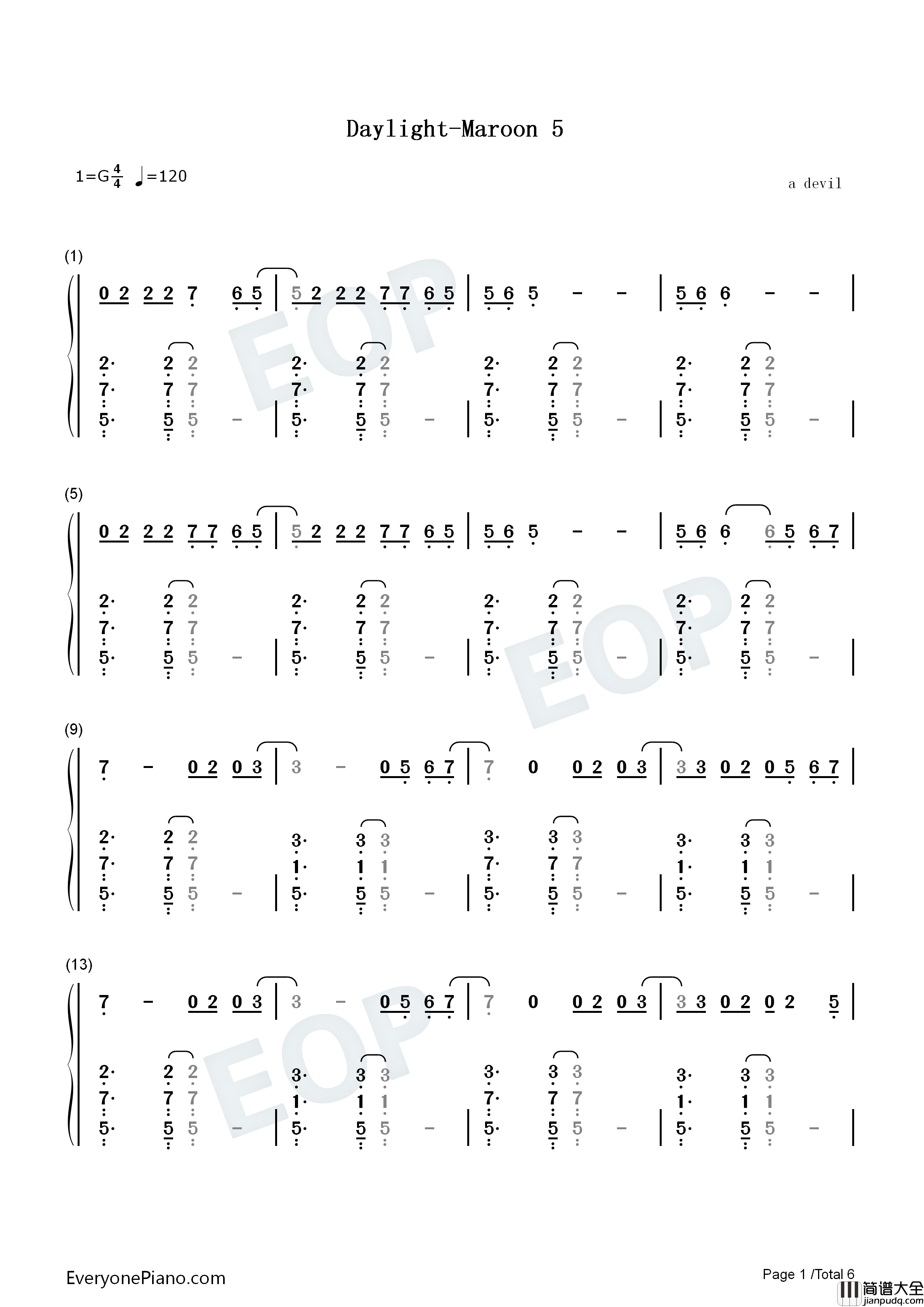 Daylight钢琴简谱_Maroon_5演唱