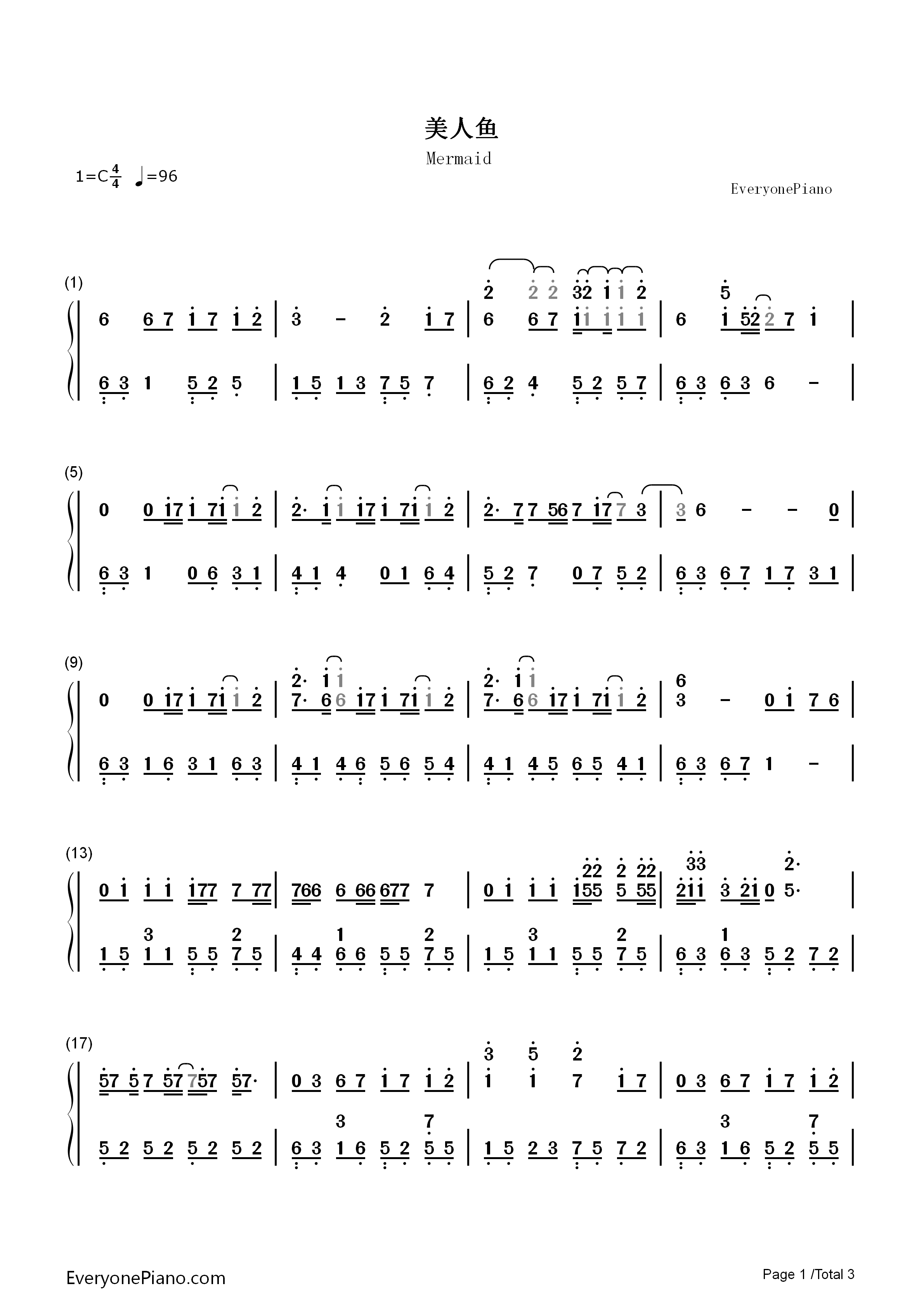 美人鱼钢琴简谱_林俊杰演唱