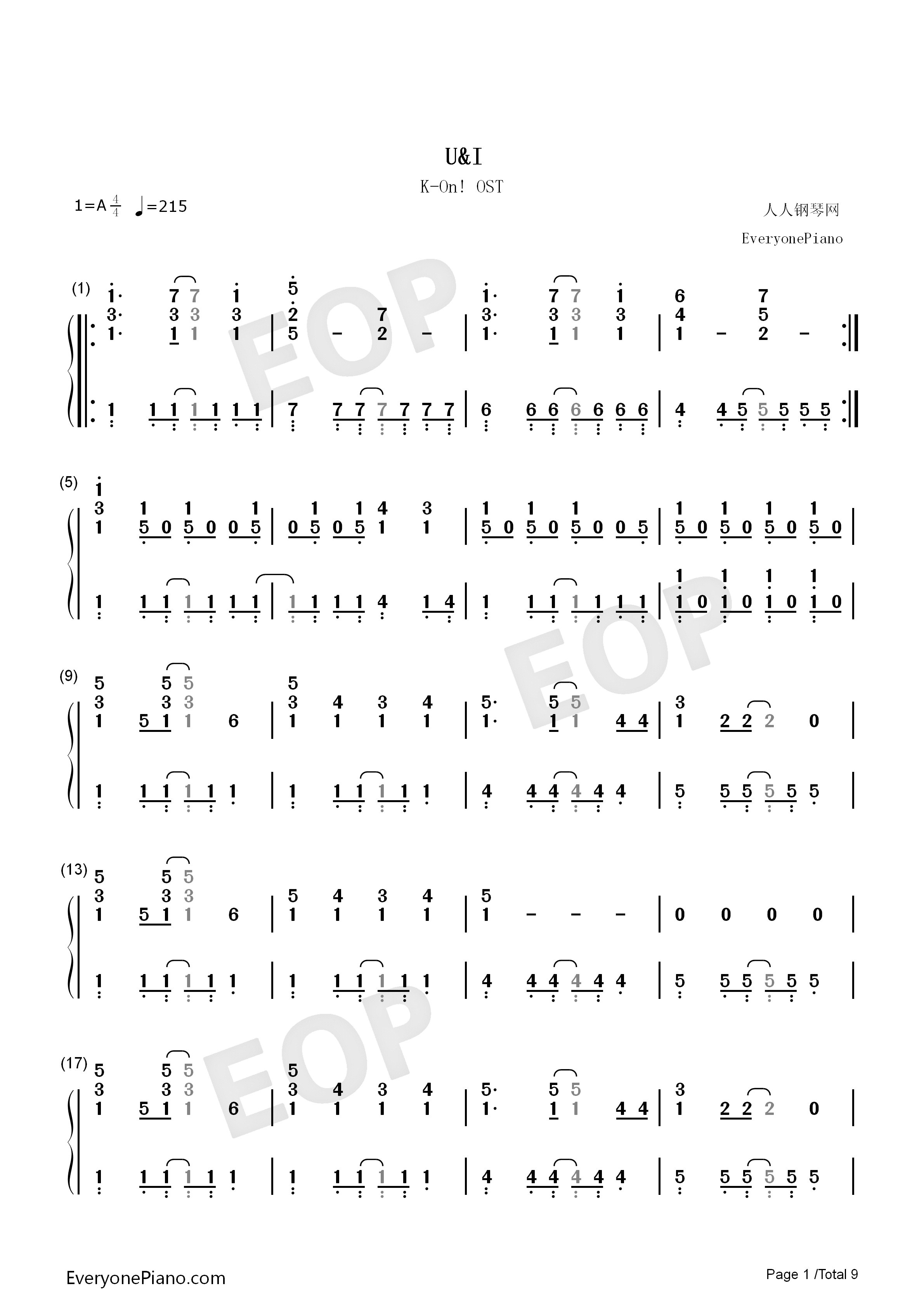 U&I钢琴简谱_平泽唯演唱
