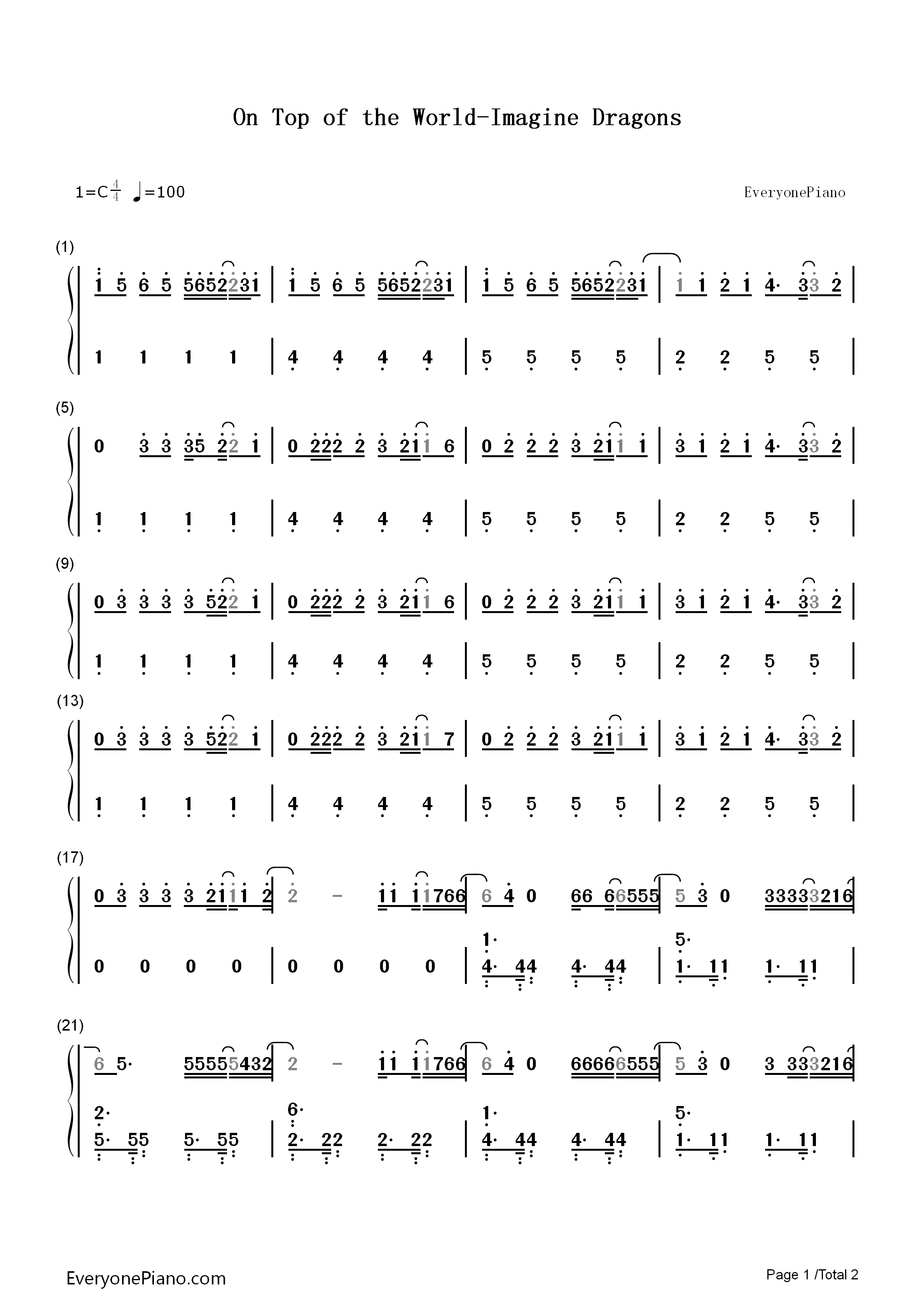 On_Top_of_the_World钢琴简谱_Imagine_Dragons演唱