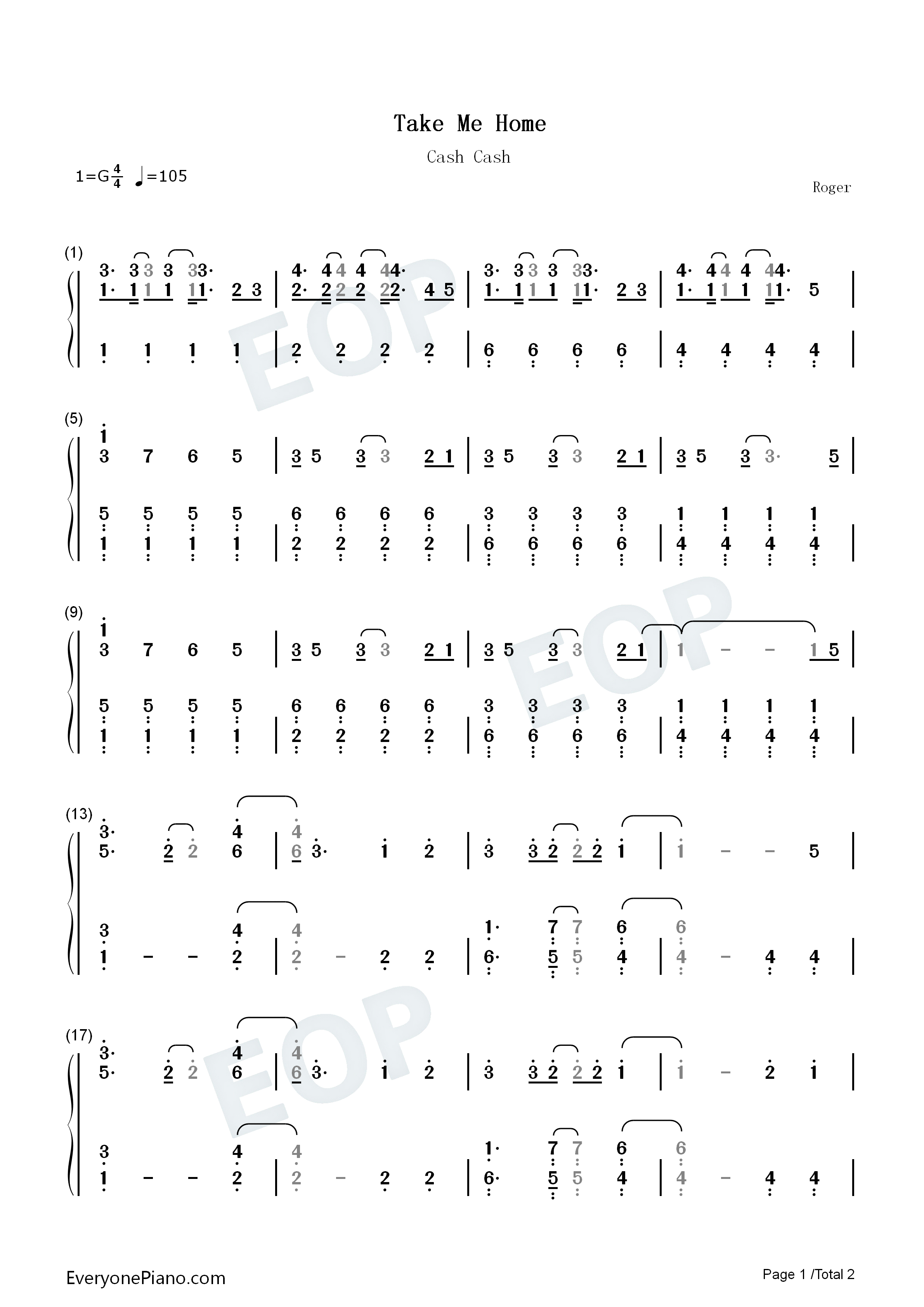 Take_Me_Home钢琴简谱_Cash_Cash演唱