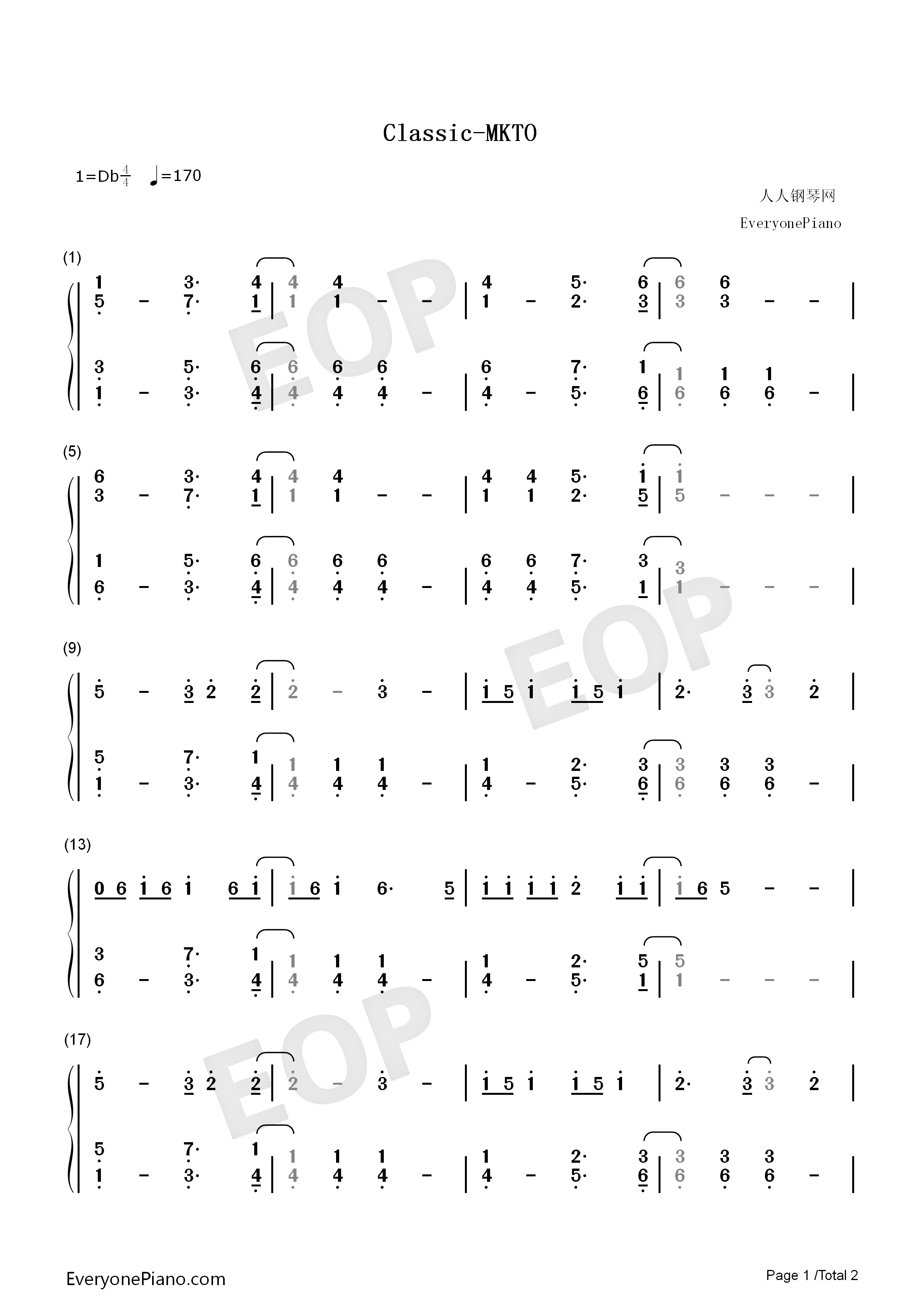 Classic钢琴简谱_MKTO演唱