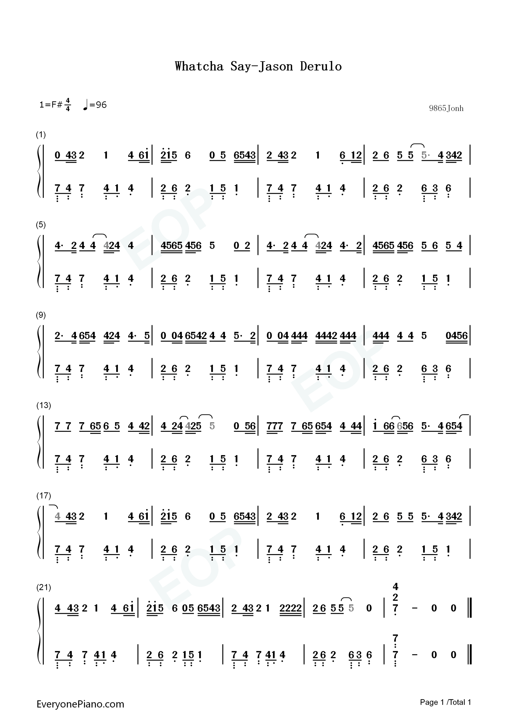 Whatcha_Say钢琴简谱_Jason_Derulo演唱