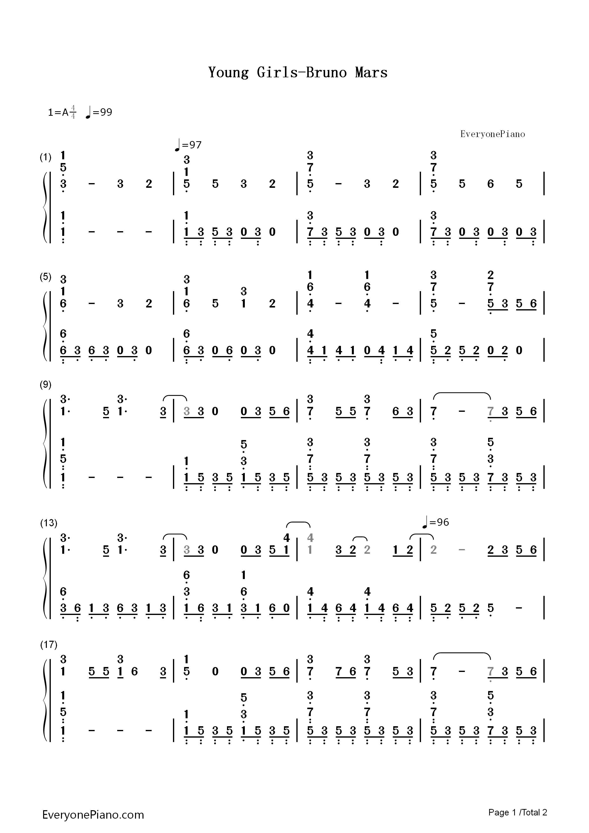 Young_Girls钢琴简谱_Bruno_Mars演唱