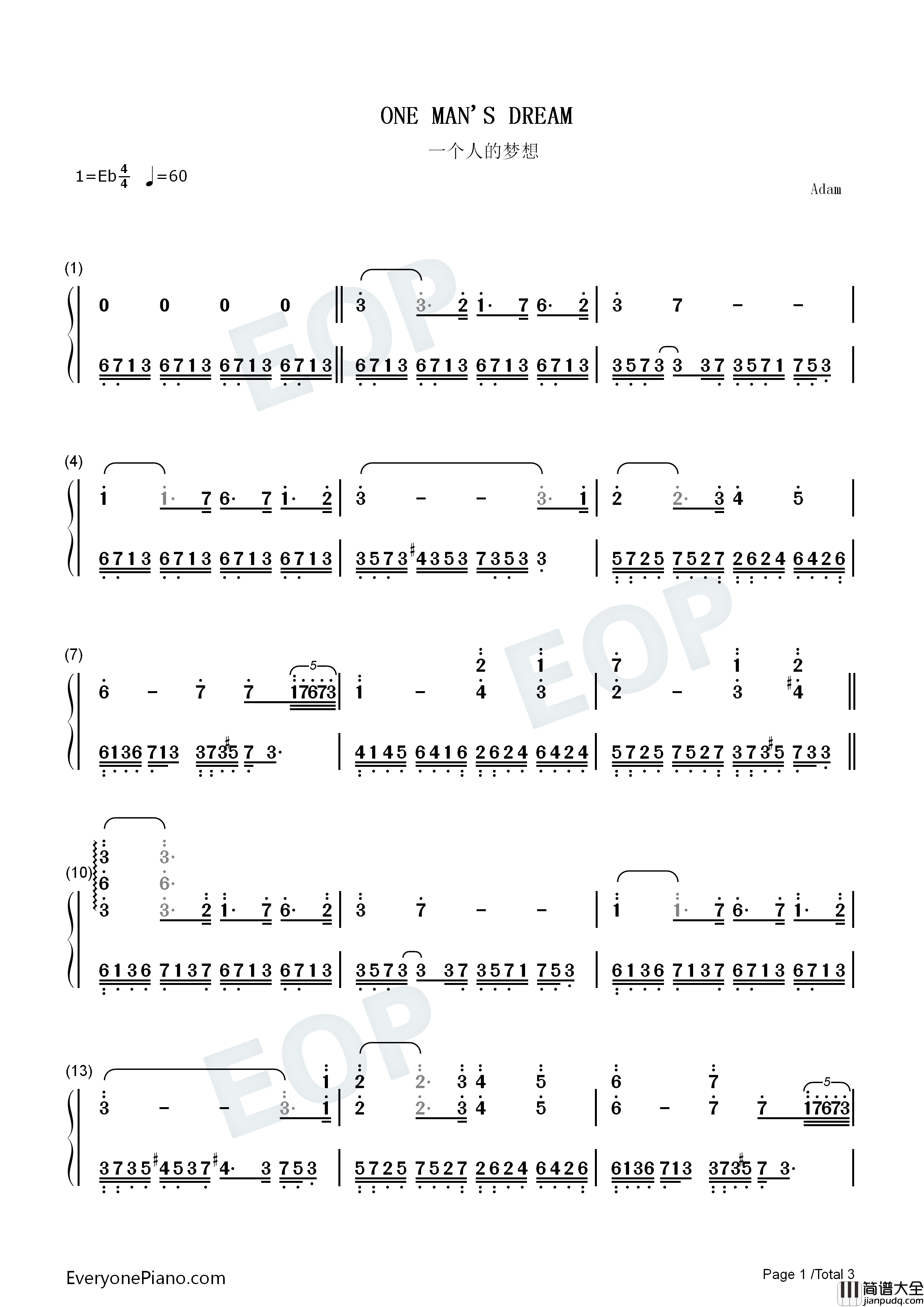 One_Man's_Dream钢琴简谱_雅尼（Yanni）演唱