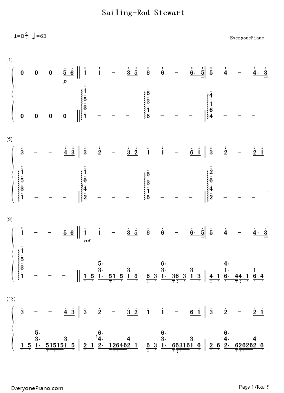 Sailing钢琴简谱_Rod_Stewart演唱