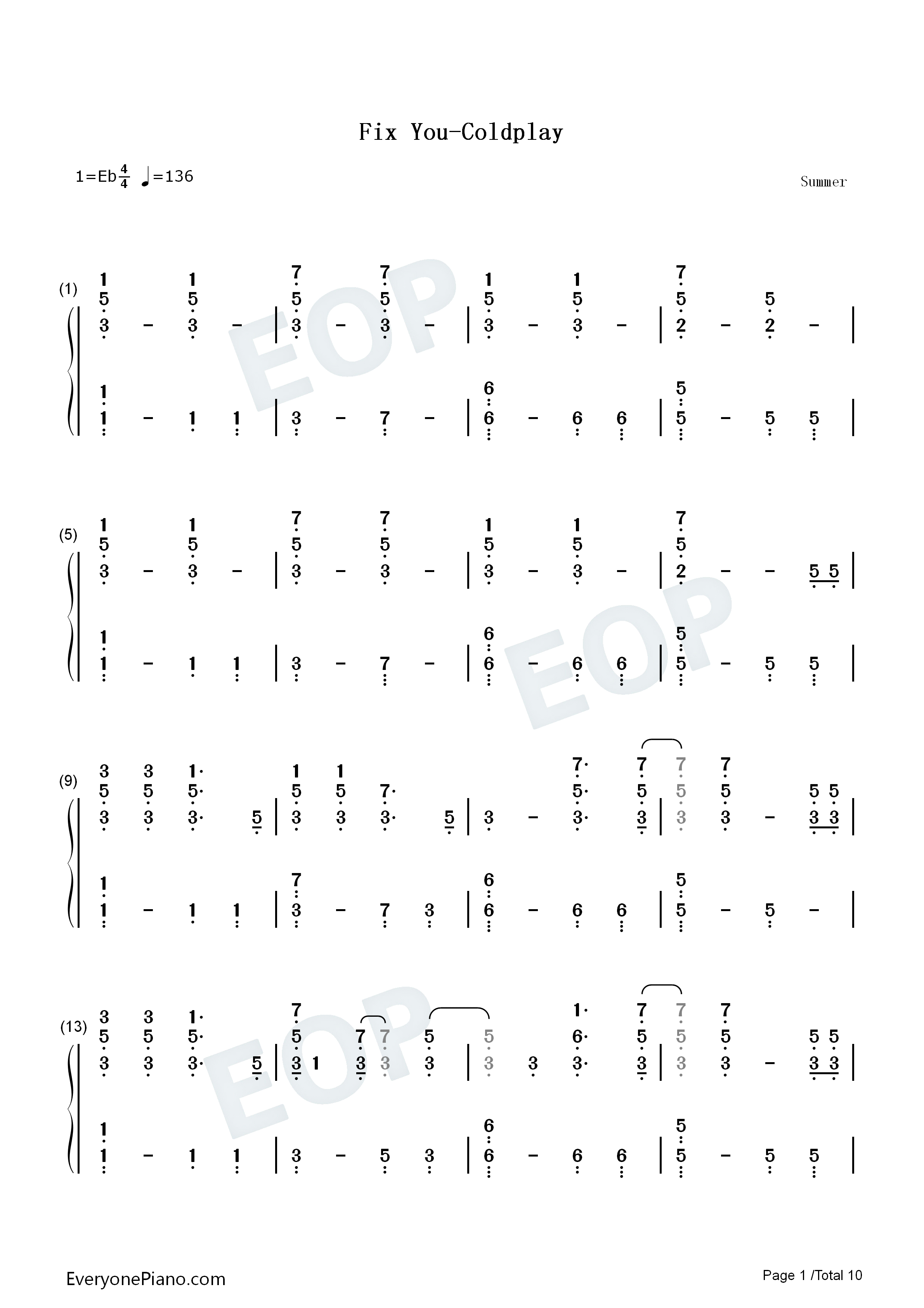 Fix_You钢琴简谱_Coldplay演唱