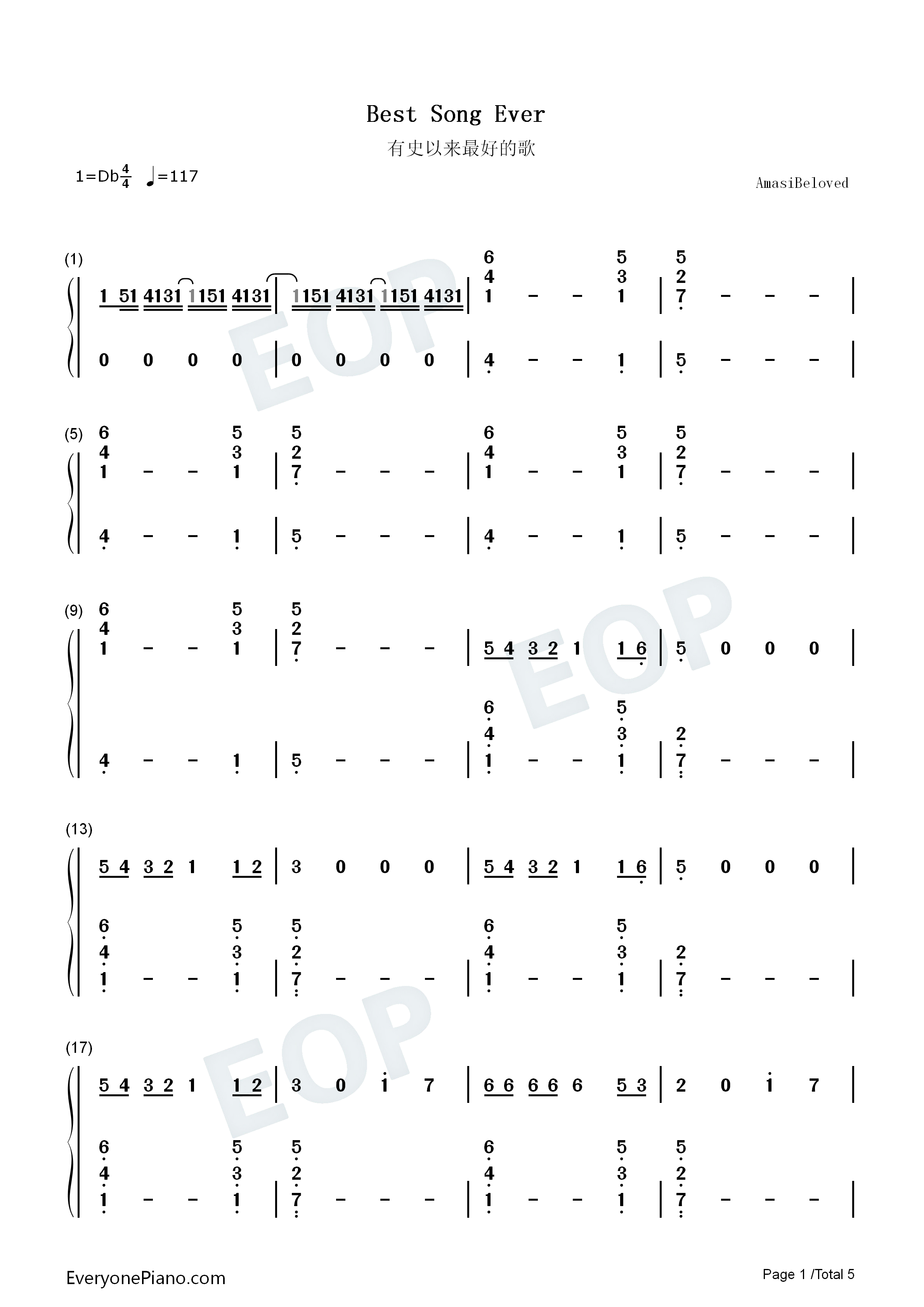 Best_Song_Ever钢琴简谱_One_Direction演唱