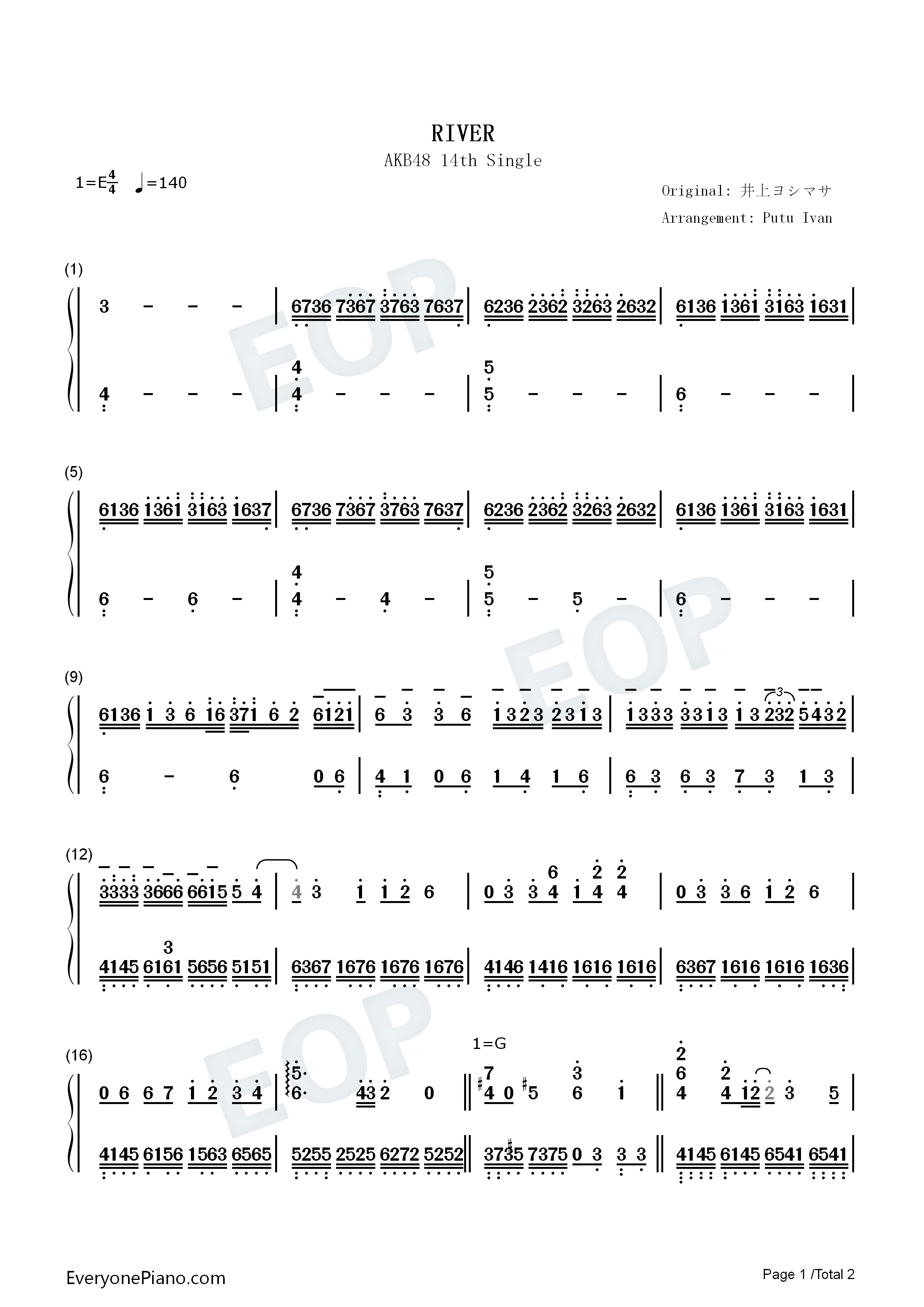 RIVER钢琴简谱_AKB48演唱