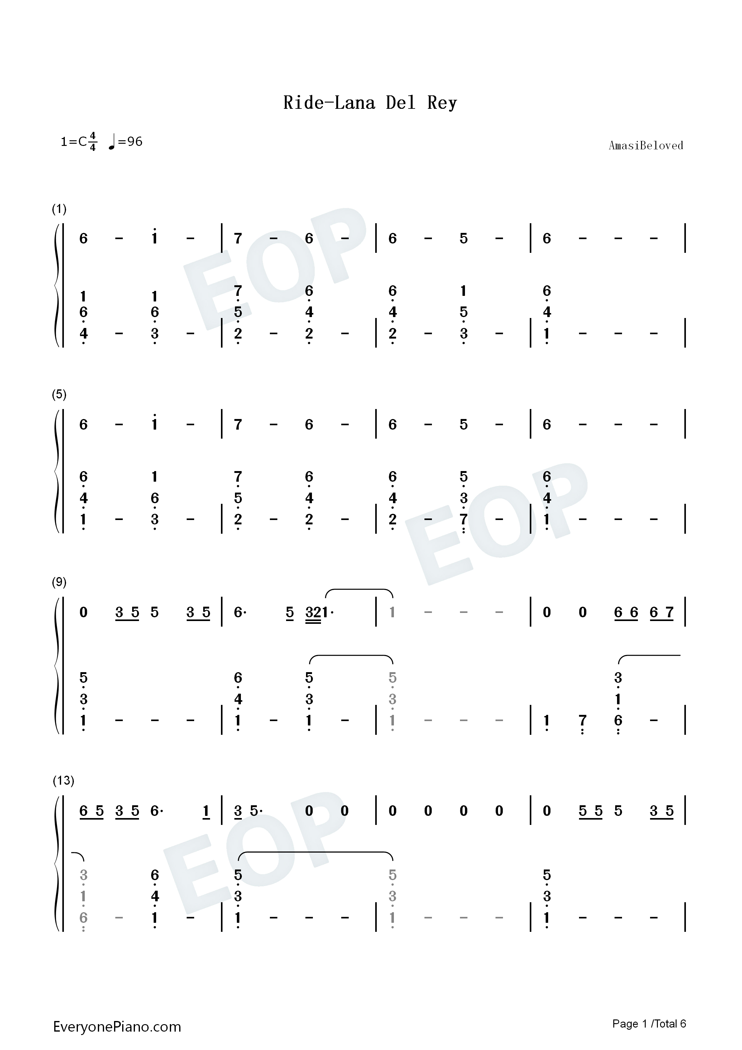 Ride钢琴简谱_Lana_Del_Rey演唱