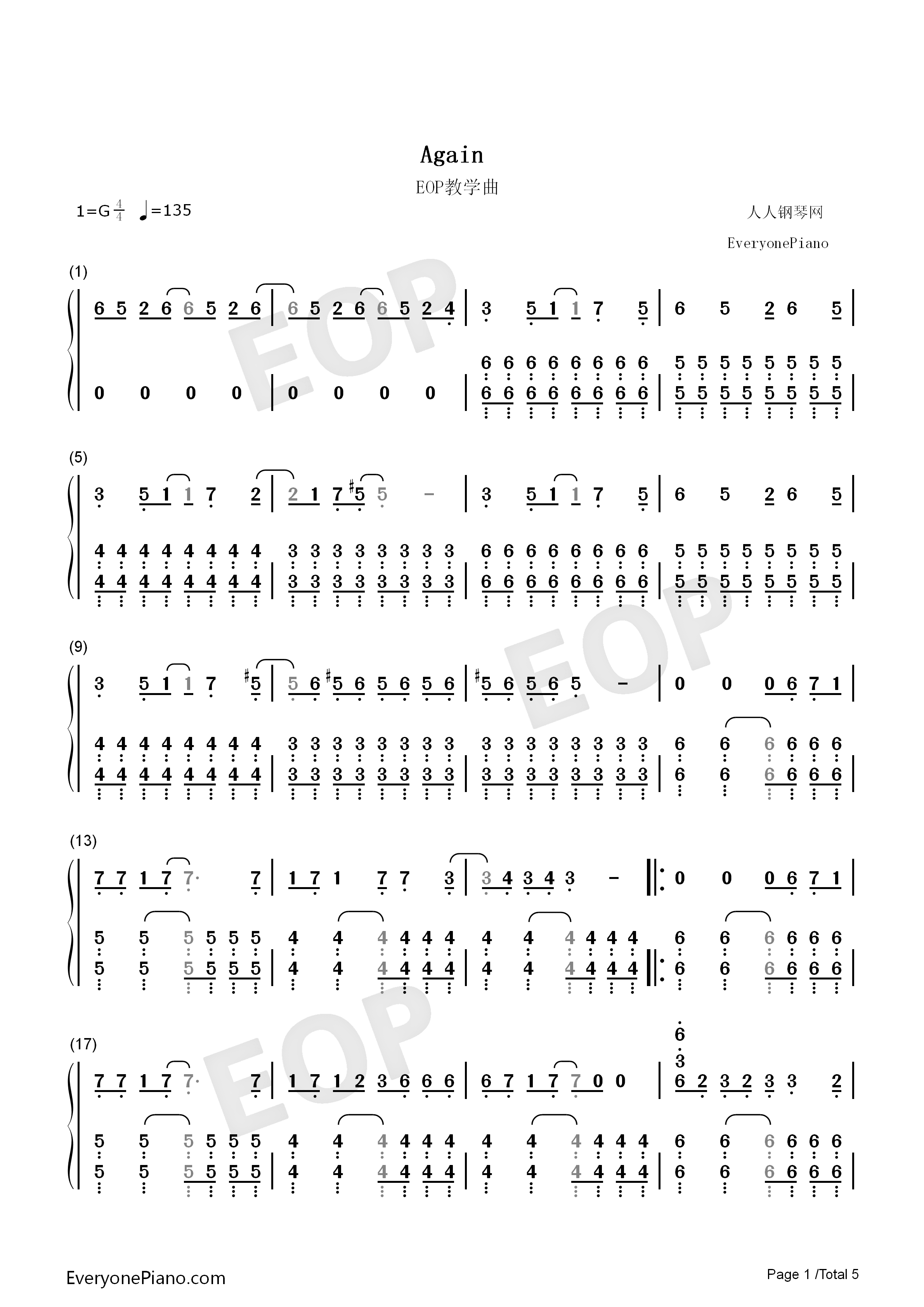 Again钢琴简谱_YUI演唱