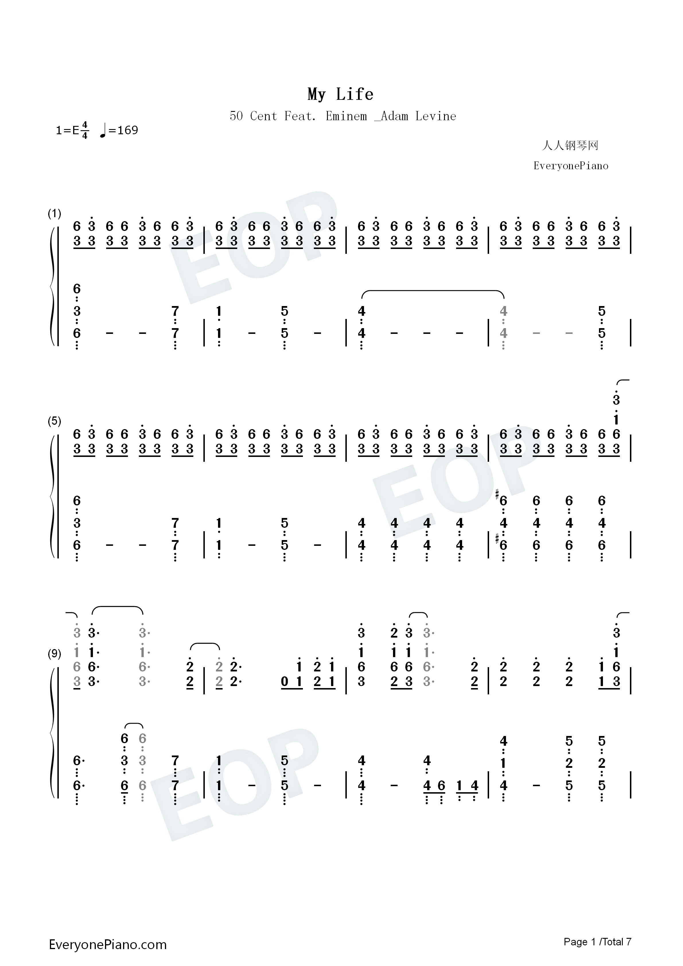 My_Life_钢琴简谱_50_Cent_Feat._Eminem_&_Adam_Levine演唱