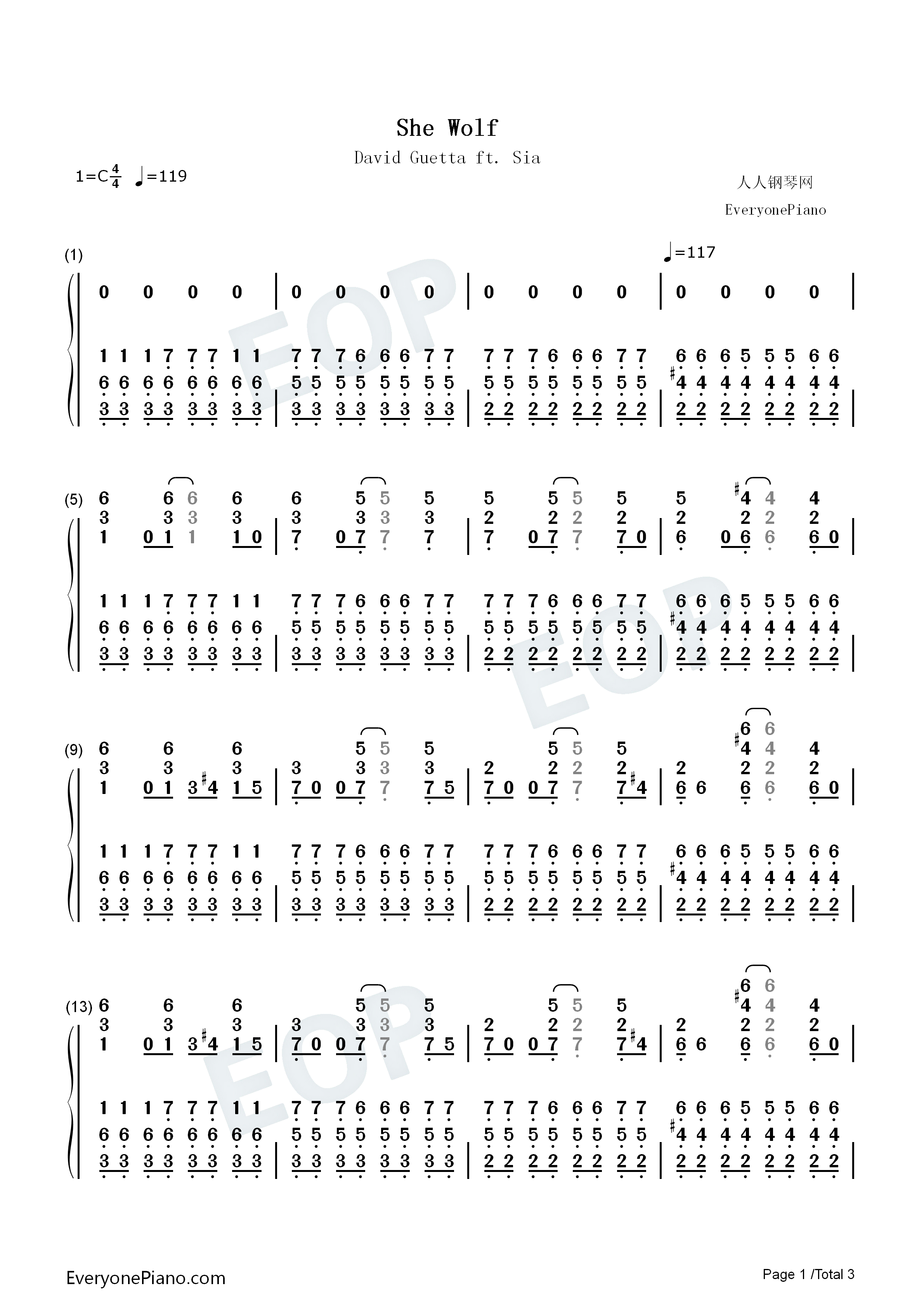 She_Wolf钢琴简谱_David_Guetta_ft._Sia演唱
