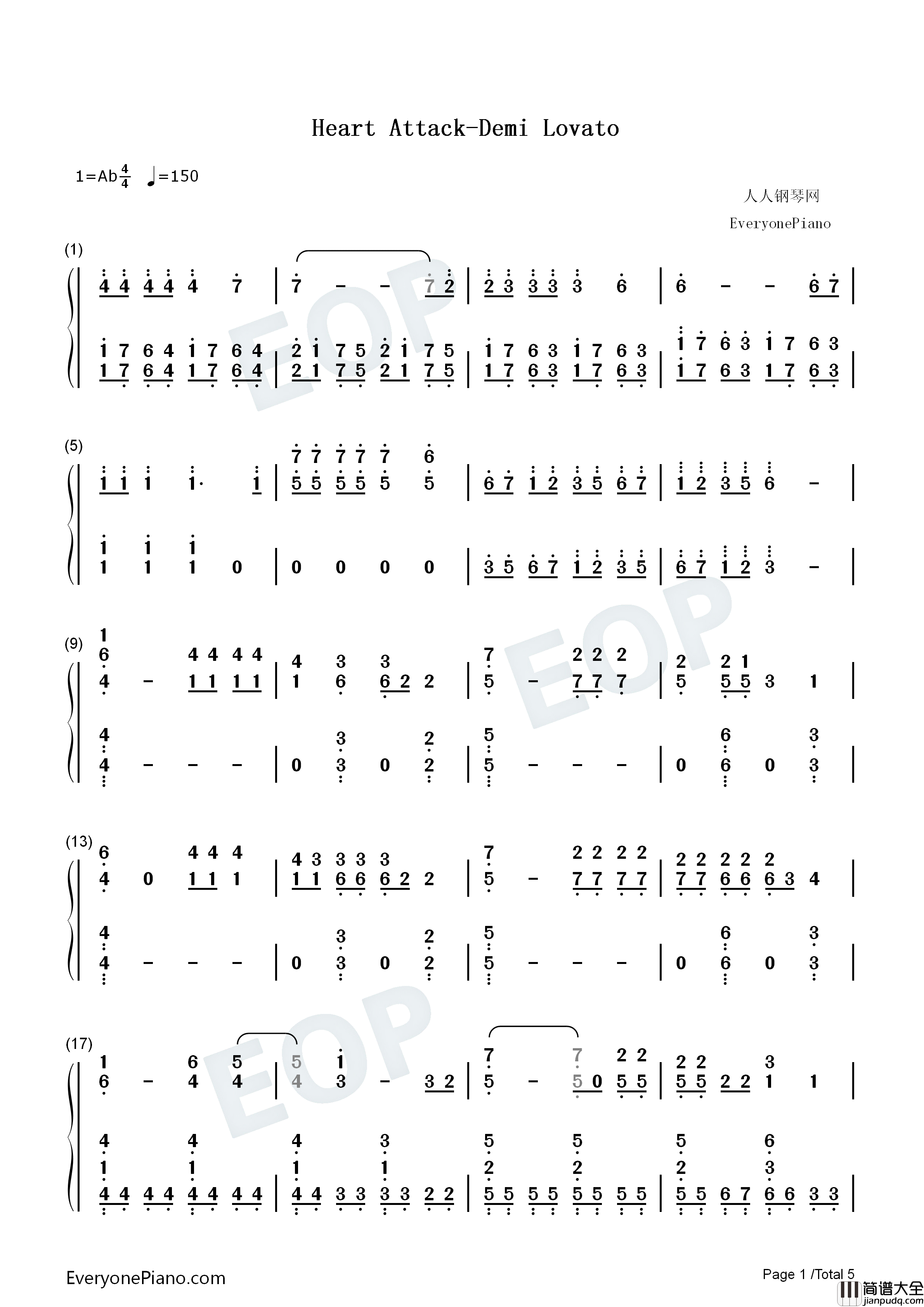 Heart_Attack钢琴简谱_Demi_Lovato演唱