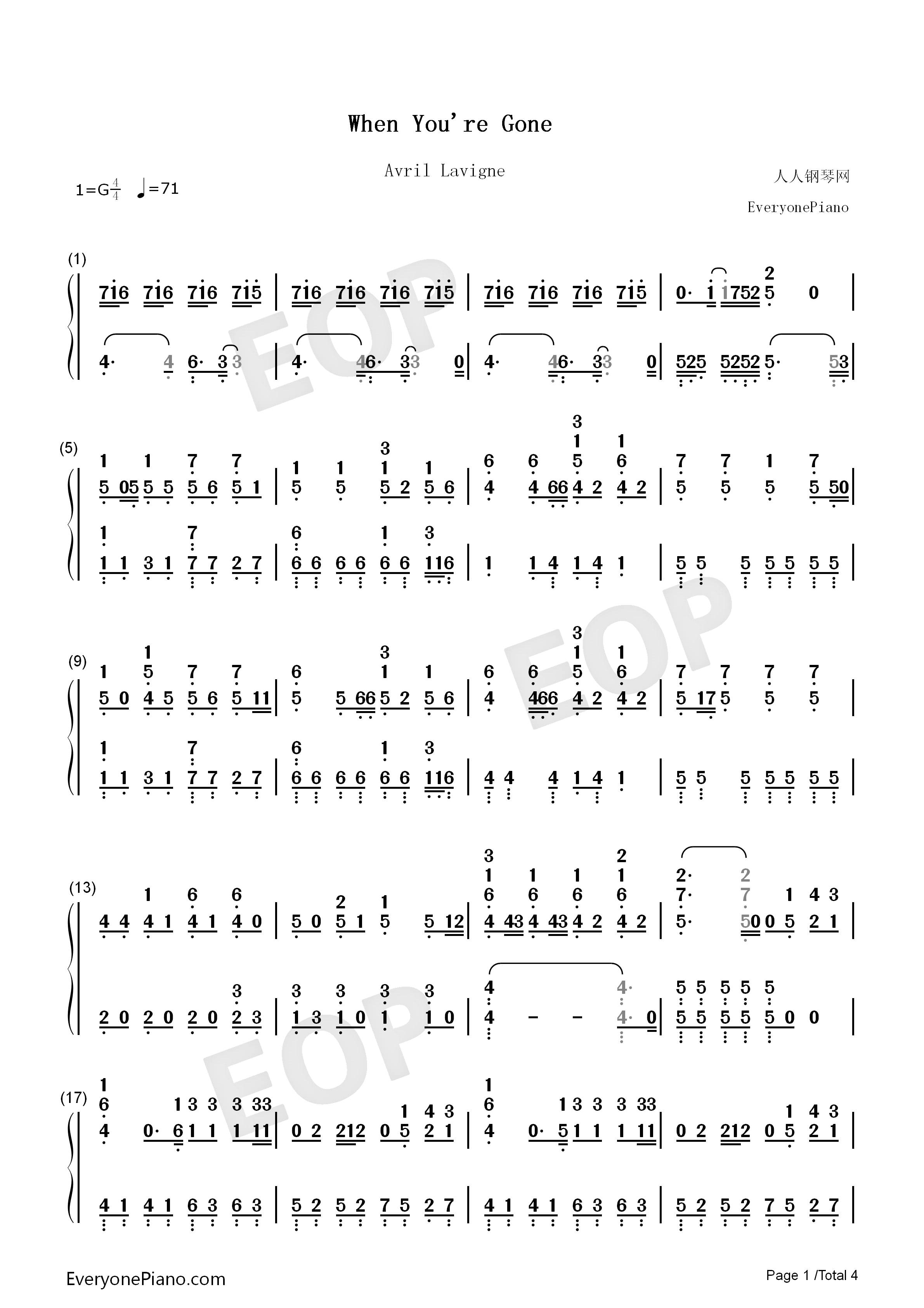 When_You're_Gone钢琴简谱_艾薇儿__Avril_Lavigne演唱