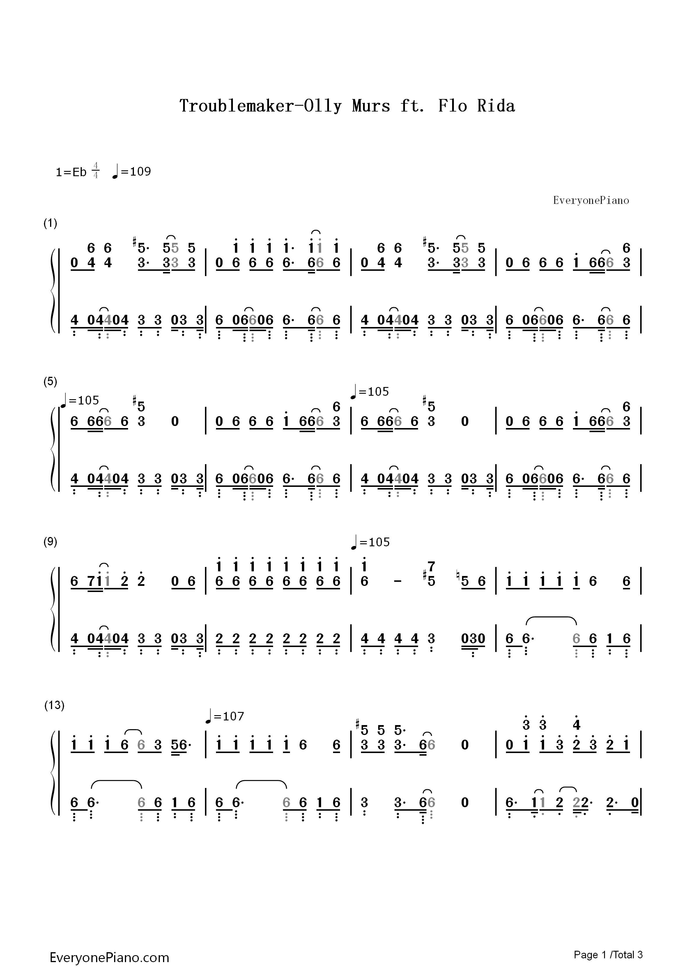 Troublemaker钢琴简谱_Olly_Murs_ft._Flo_Rida演唱