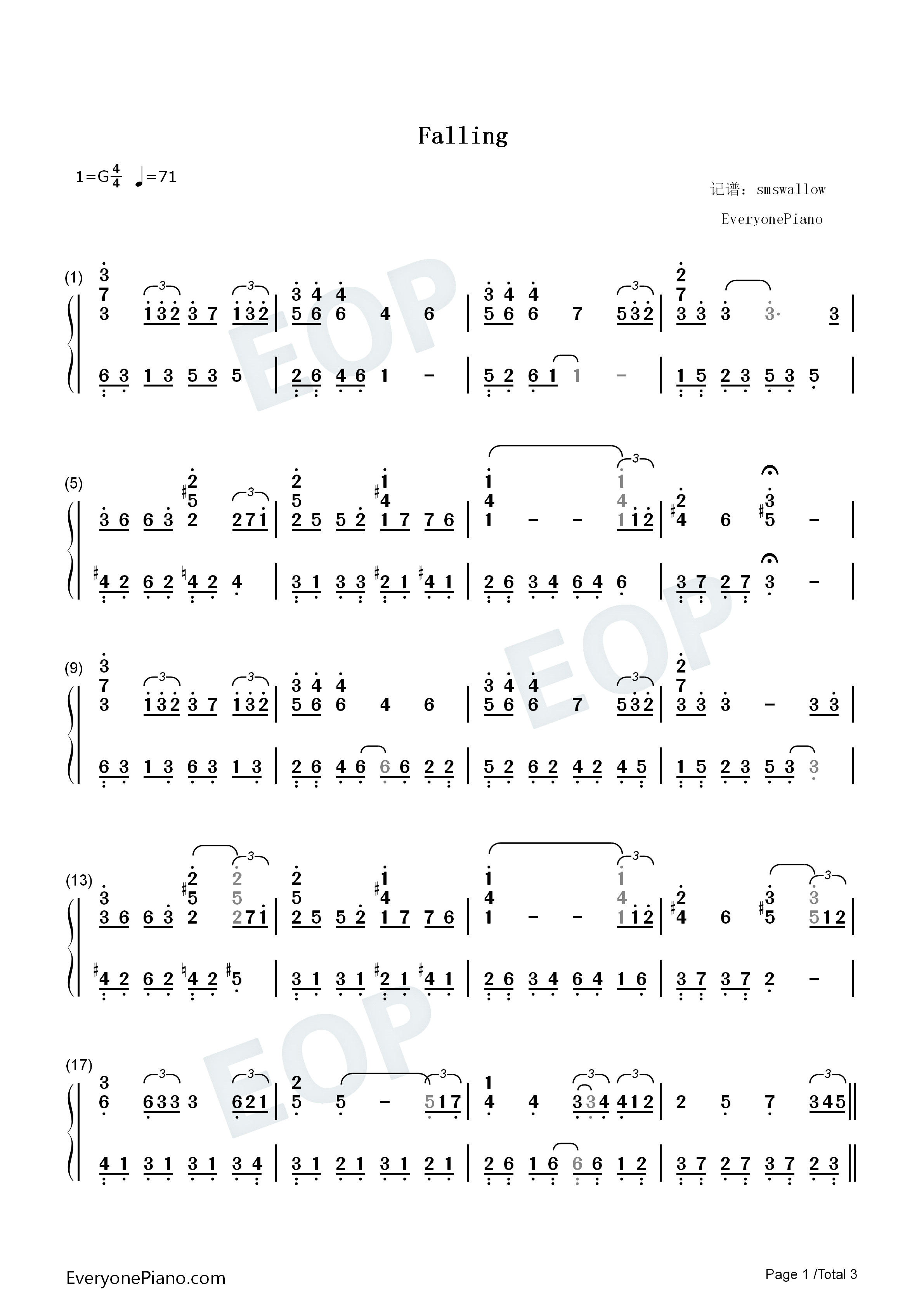 Falling钢琴简谱_李闰珉演唱