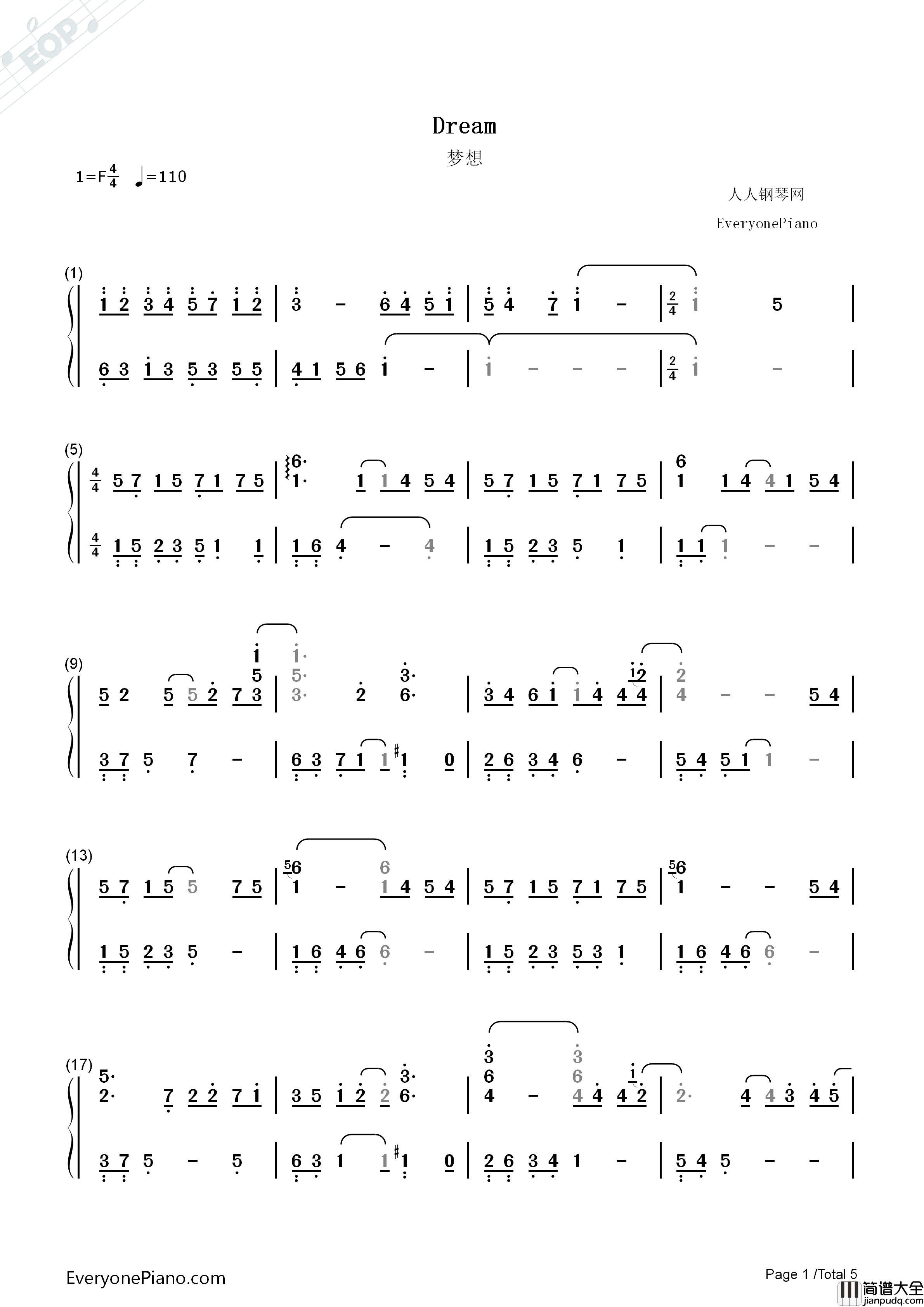 Dreams钢琴简谱_李闰珉（Yiruma）演唱