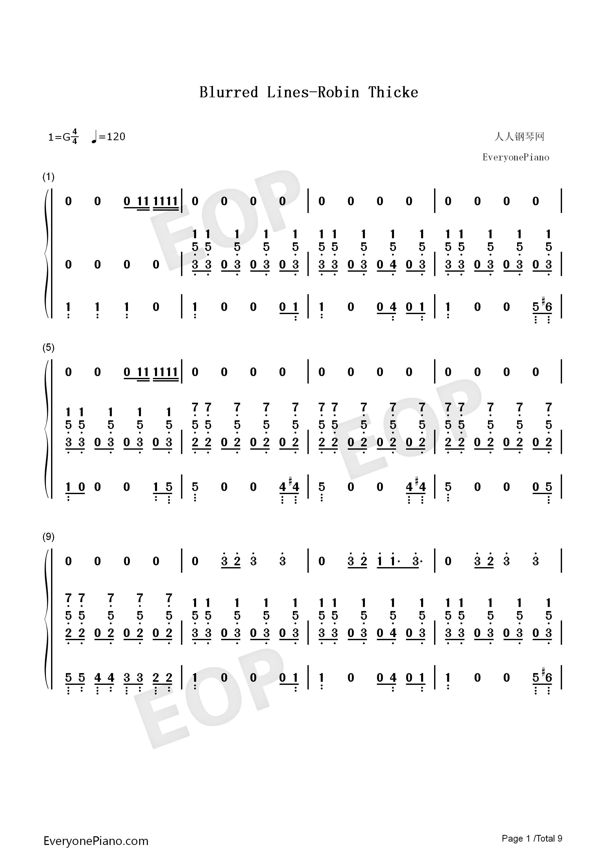 Blurred_Lines钢琴简谱_Robin_Thicke_&_T.I._&_Pharrell演唱