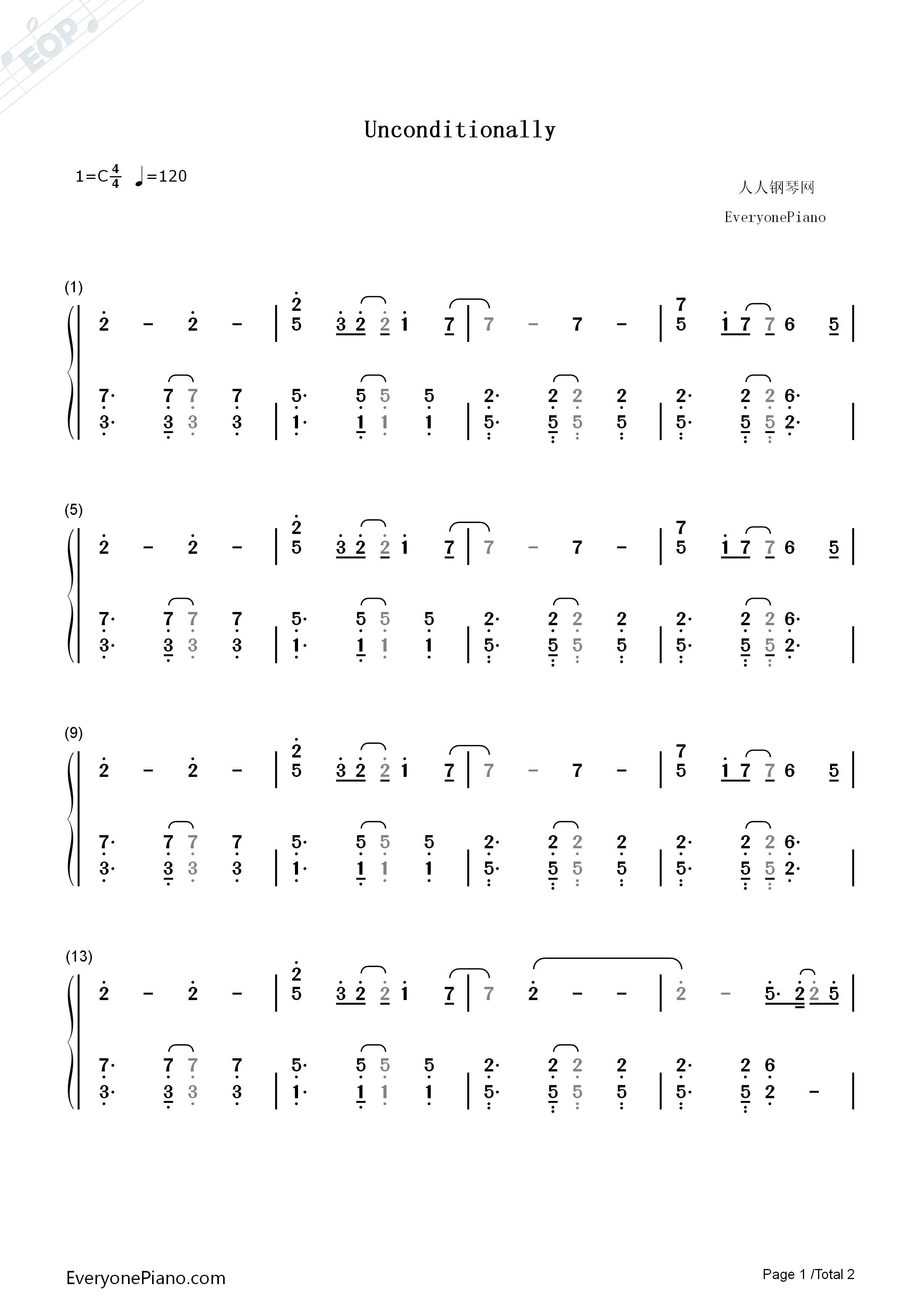 Unconditionally钢琴简谱_Katy_Perry演唱