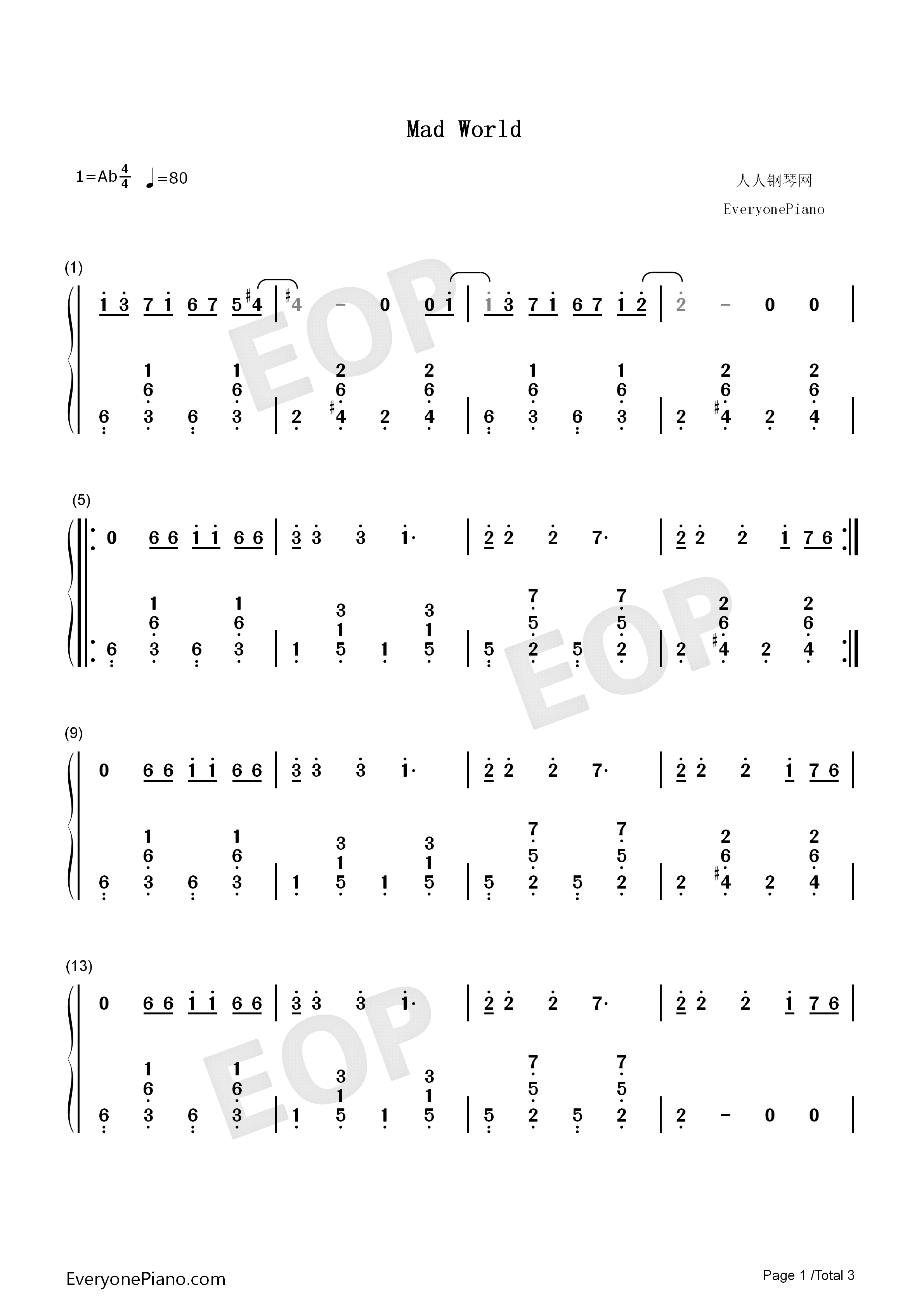 Mad_World－电影_死亡幻觉_主题曲钢琴简谱_Tears_For_Fears演唱