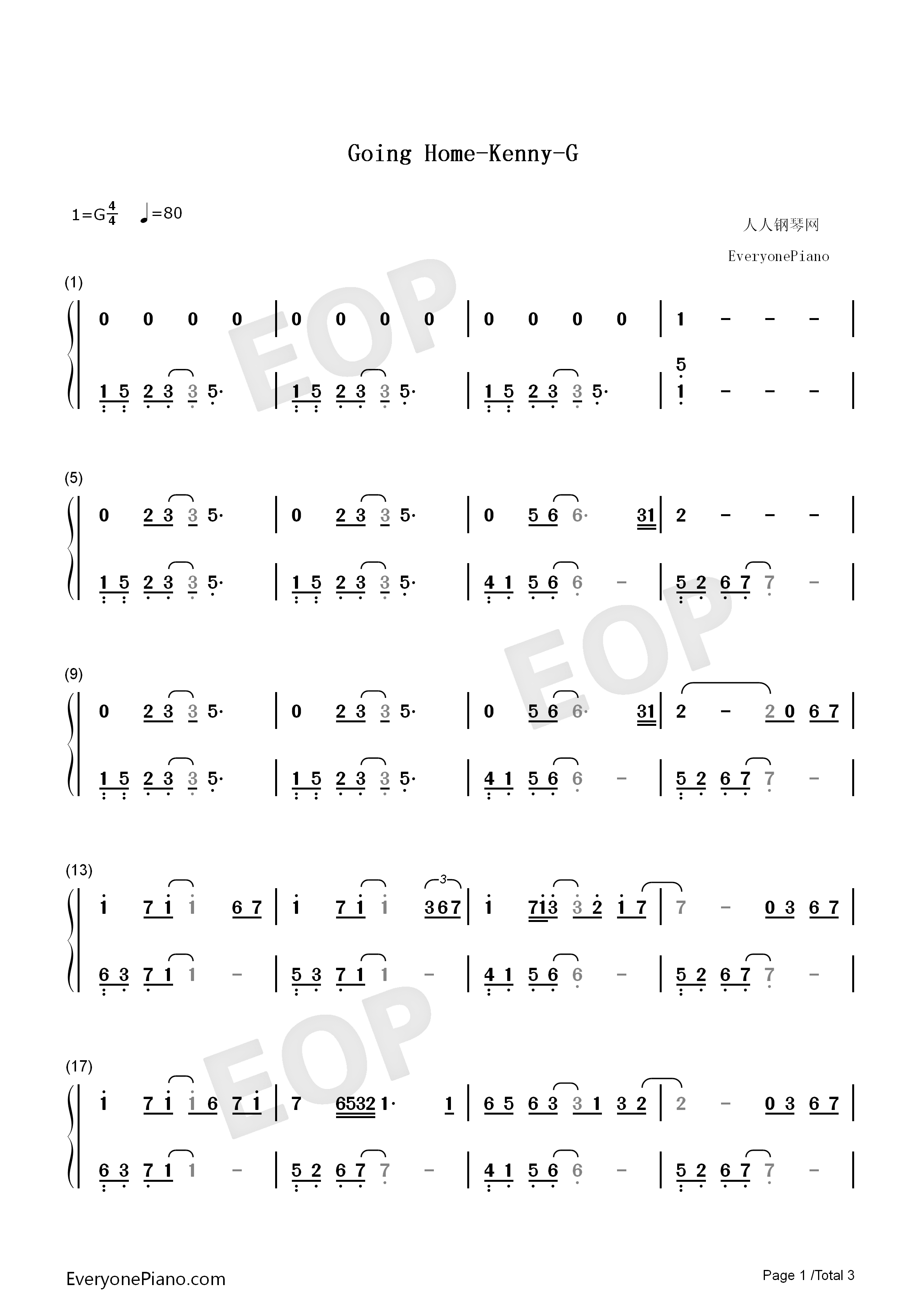 Going_Home钢琴简谱_Kenny_G演唱