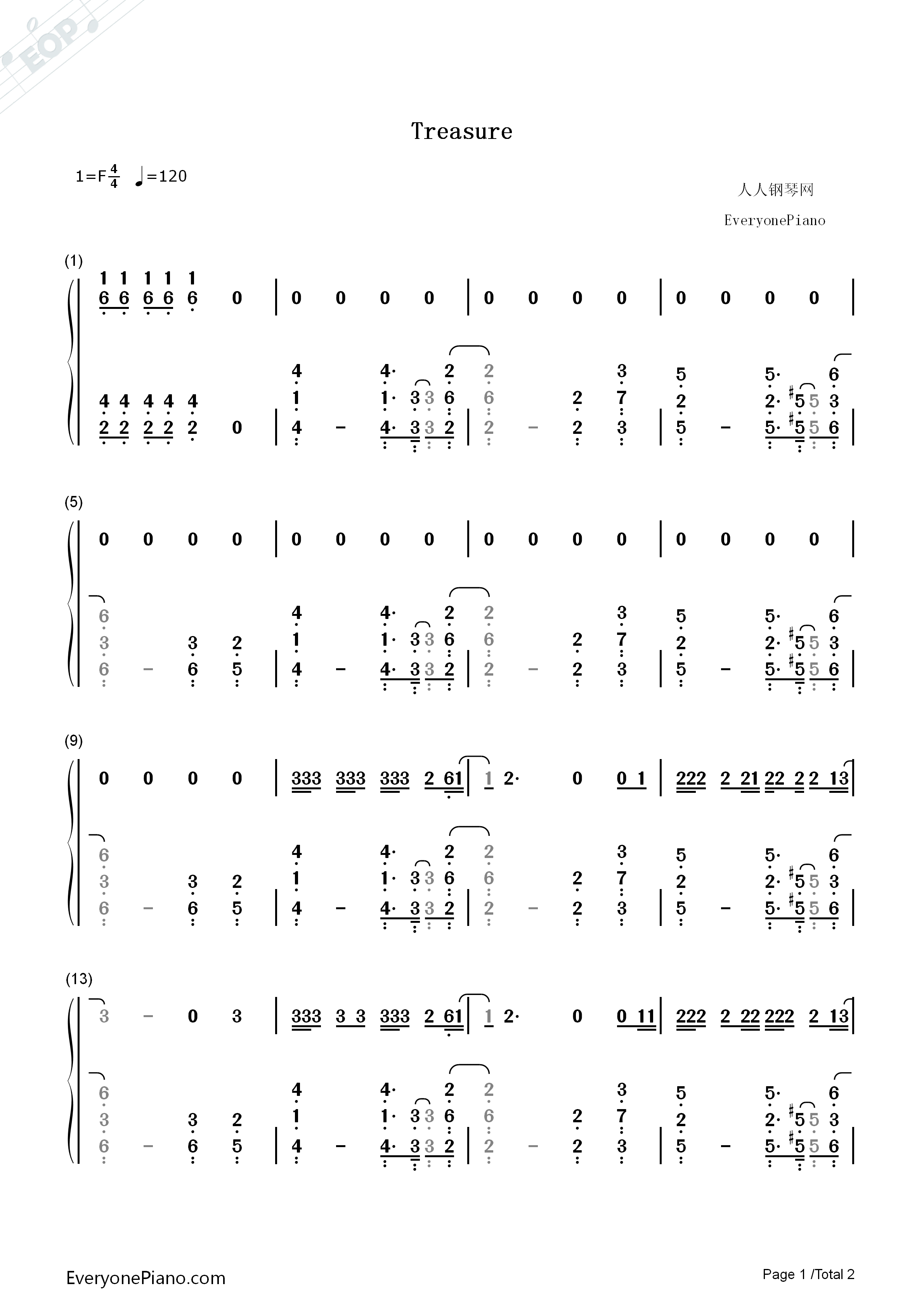 Treasure钢琴简谱_Bruno_Mars演唱