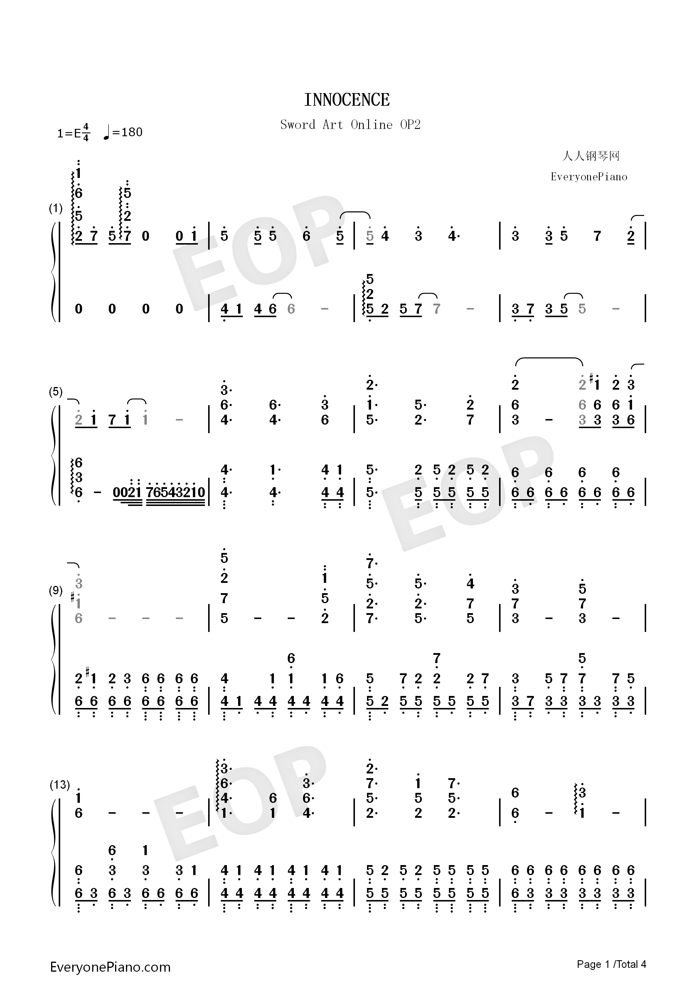 INNOCENCE钢琴简谱_蓝井艾露演唱