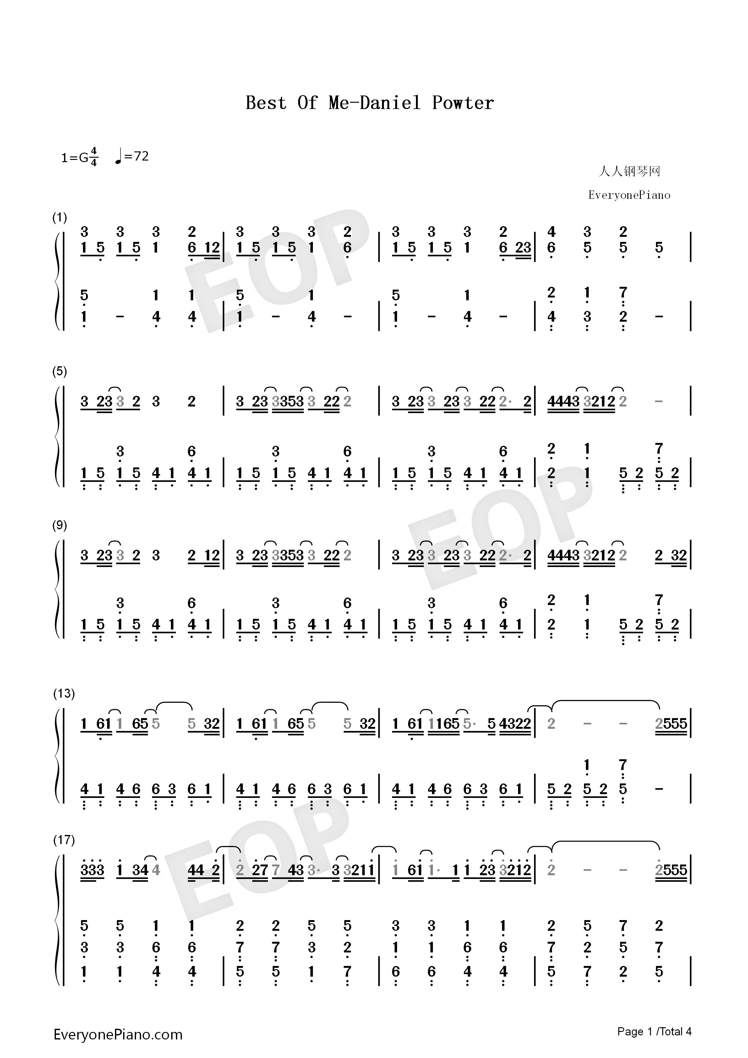 Best_Of_Me钢琴简谱_丹尼尔•波特__Daniel_Powter演唱