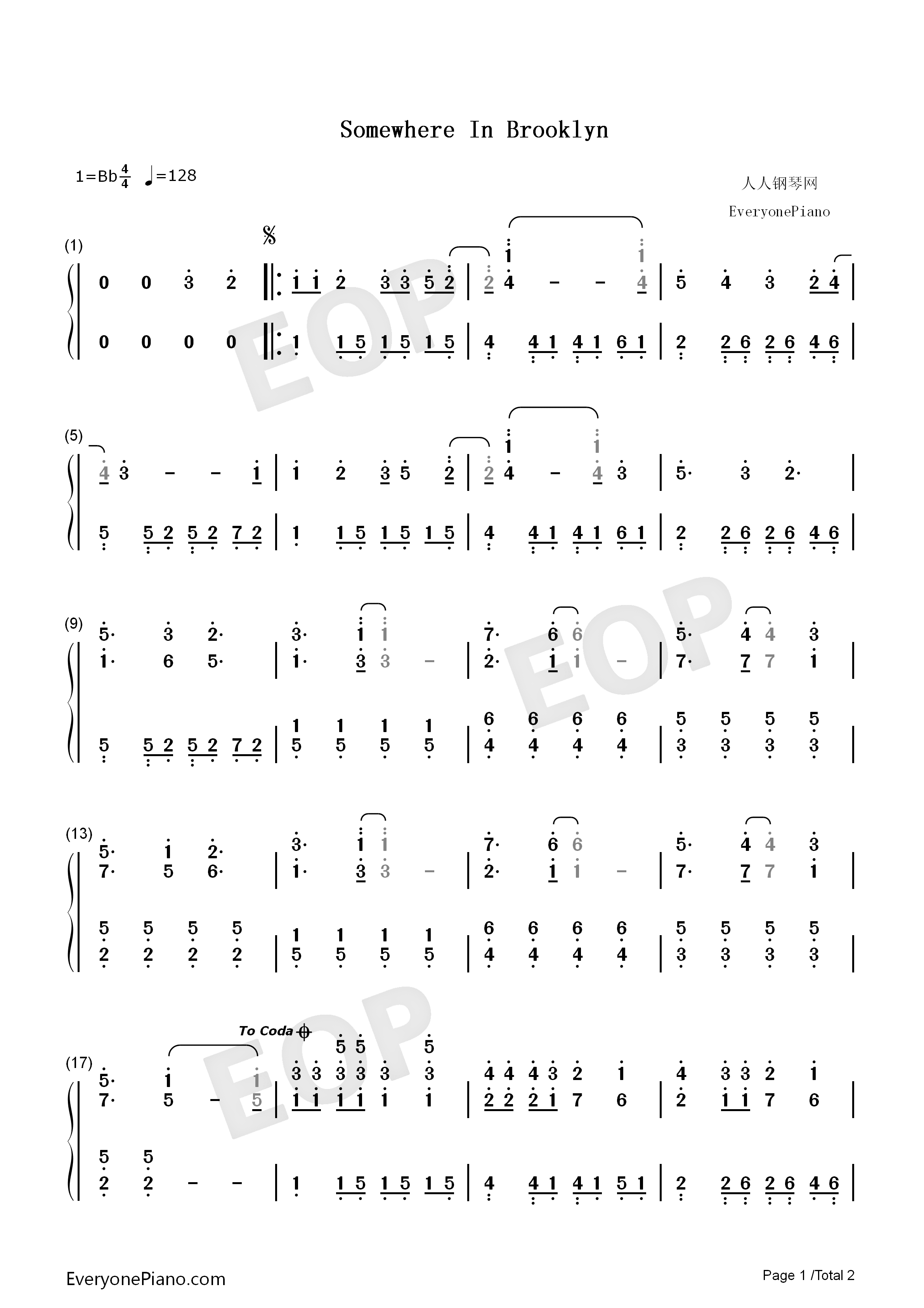 Somewhere_In_Brooklyn_钢琴简谱_Bruno_Mars演唱