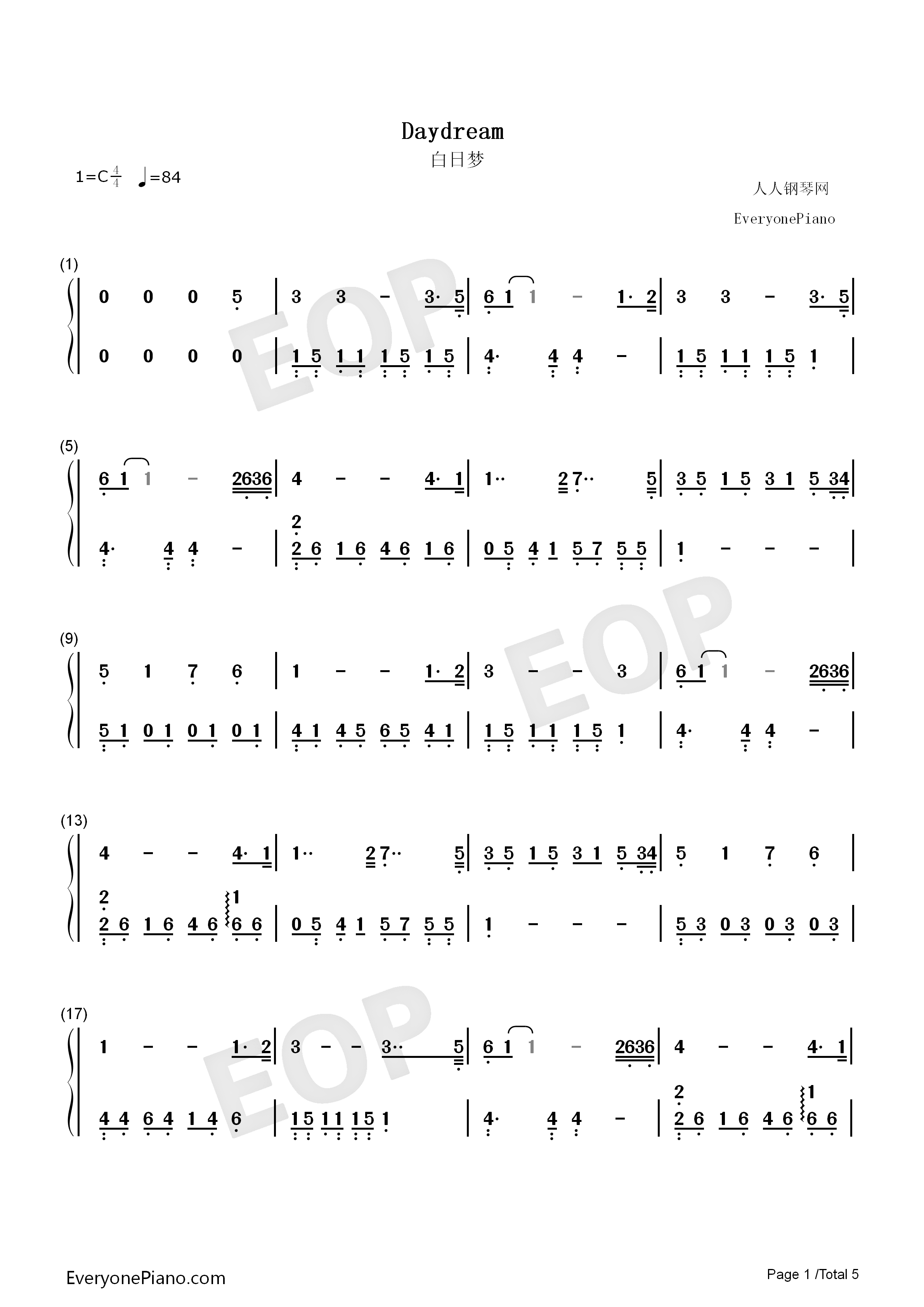 白日梦钢琴简谱_The_Daydream演唱