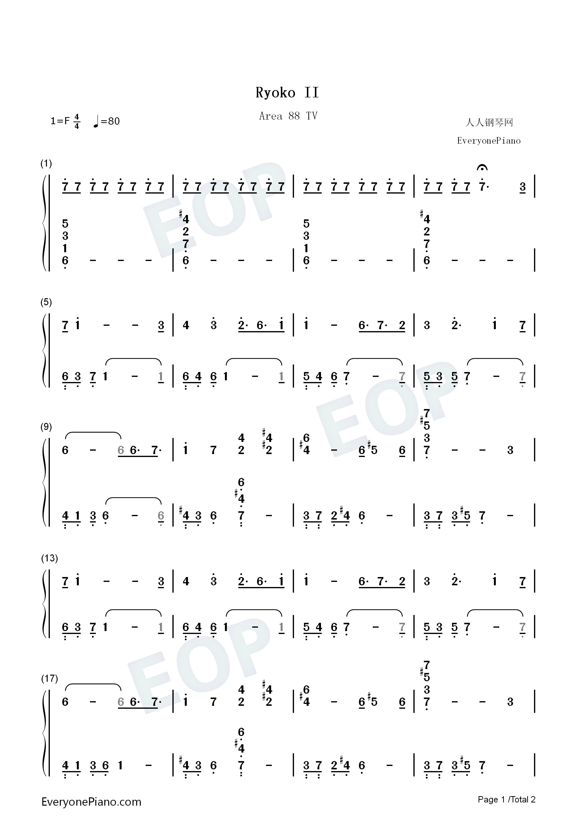 Ryoko_II钢琴简谱_未知演唱