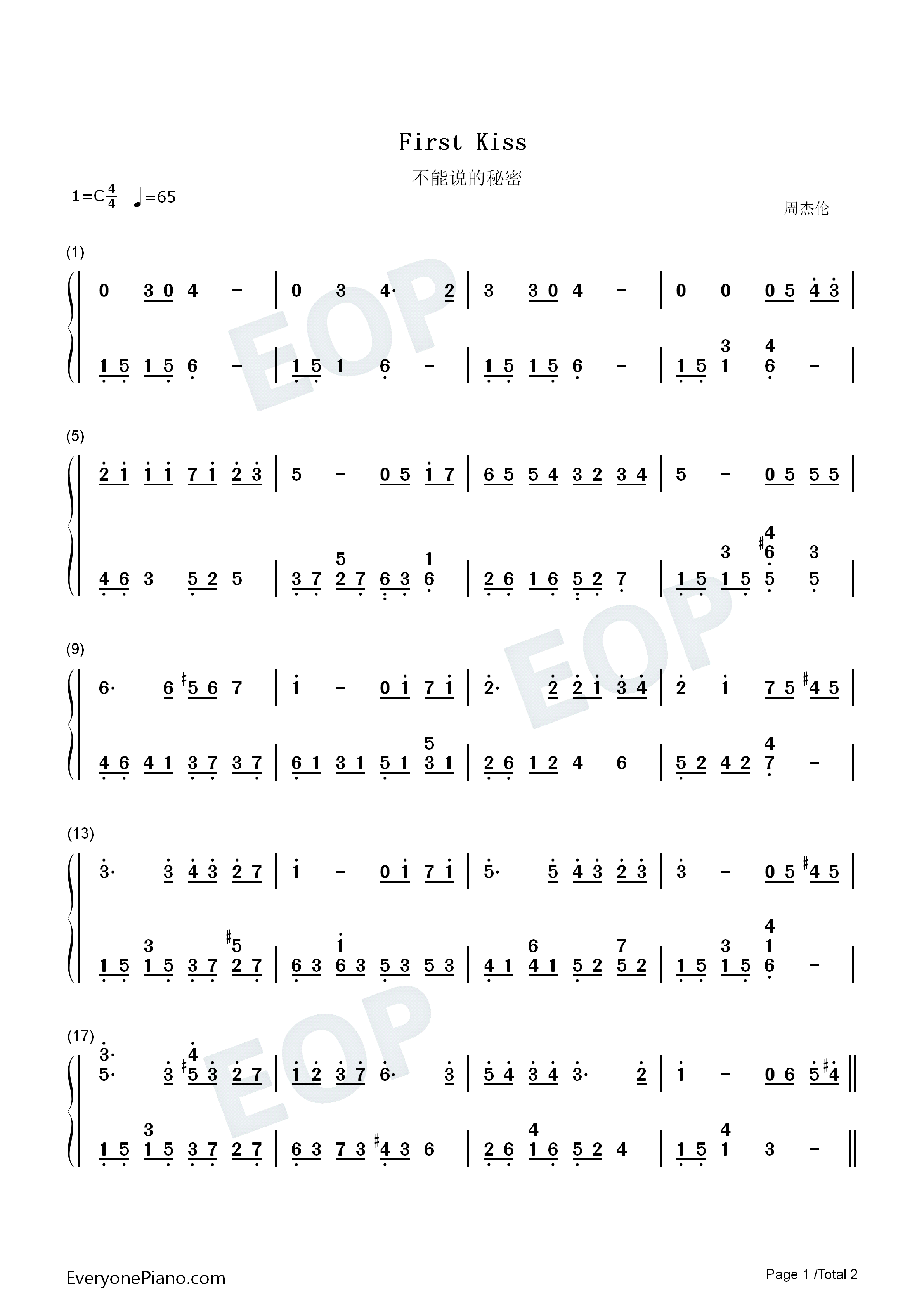 First_Kiss钢琴简谱_周杰伦演唱