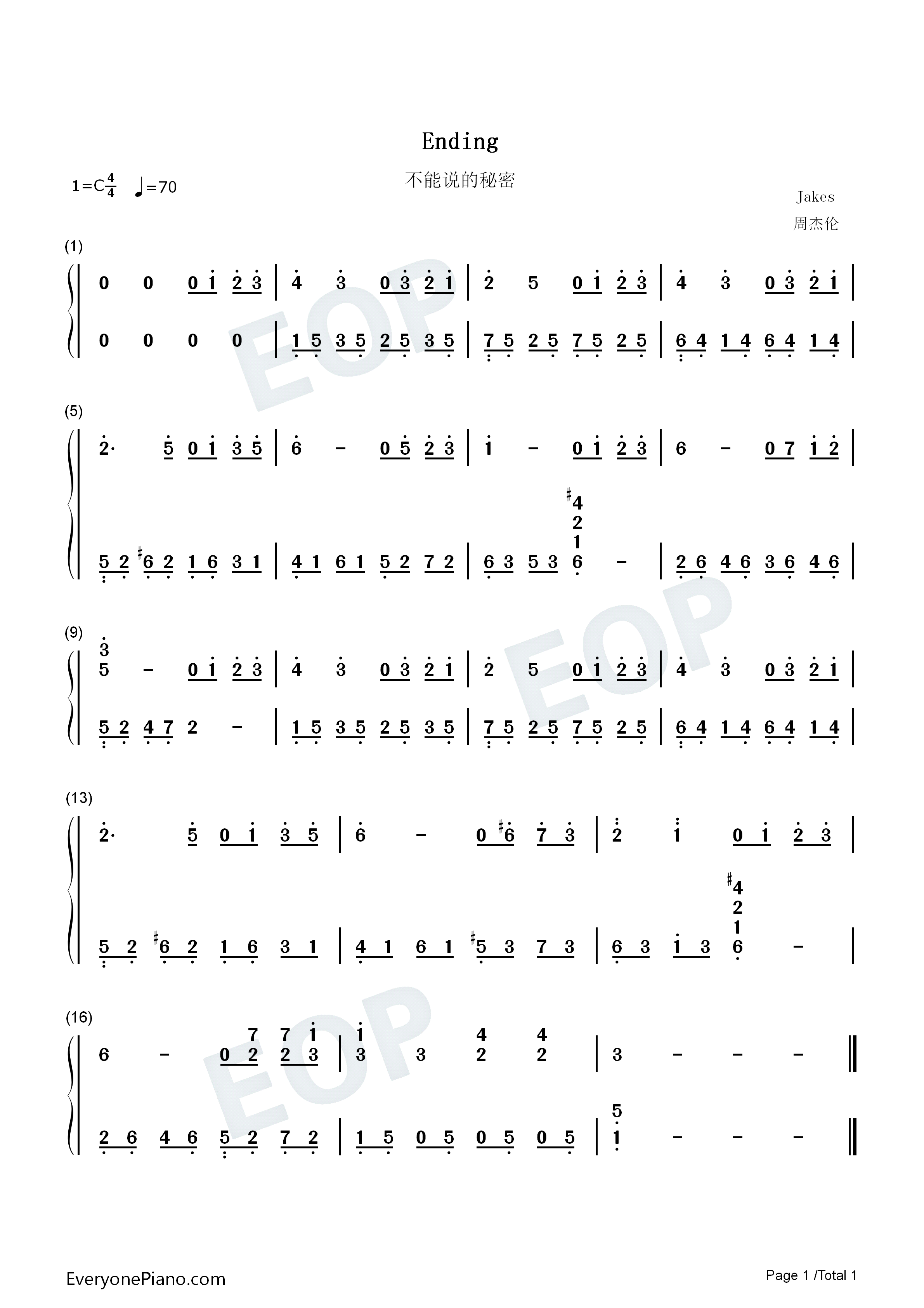 Ending钢琴简谱_周杰伦演唱
