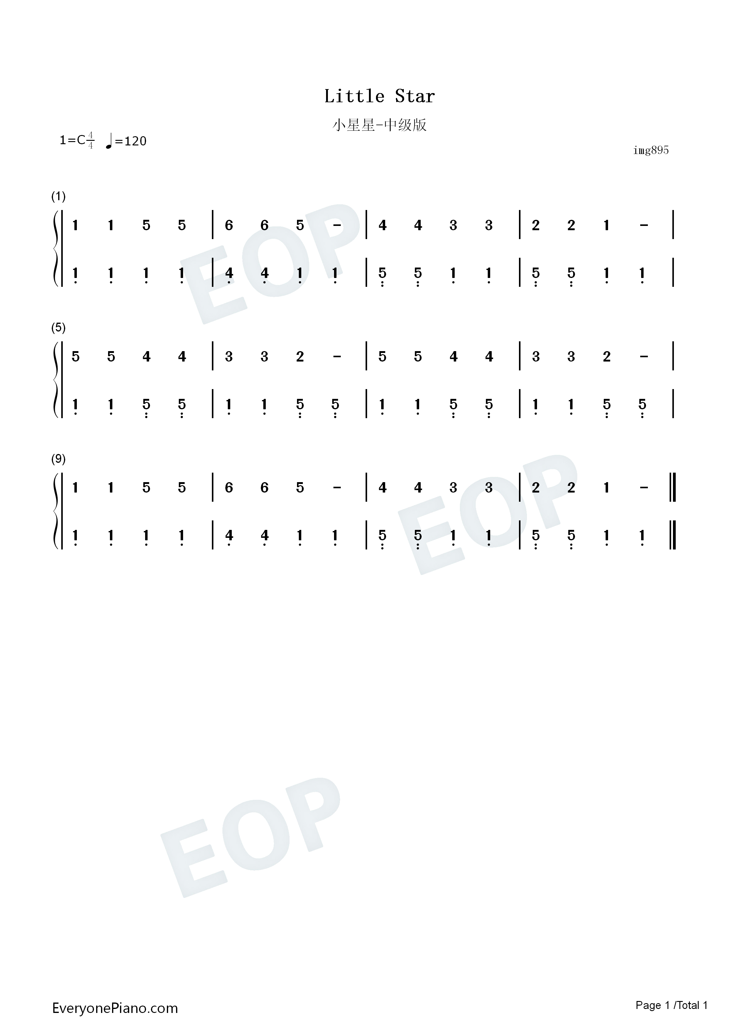 小星星中级版钢琴简谱_法国民谣演唱