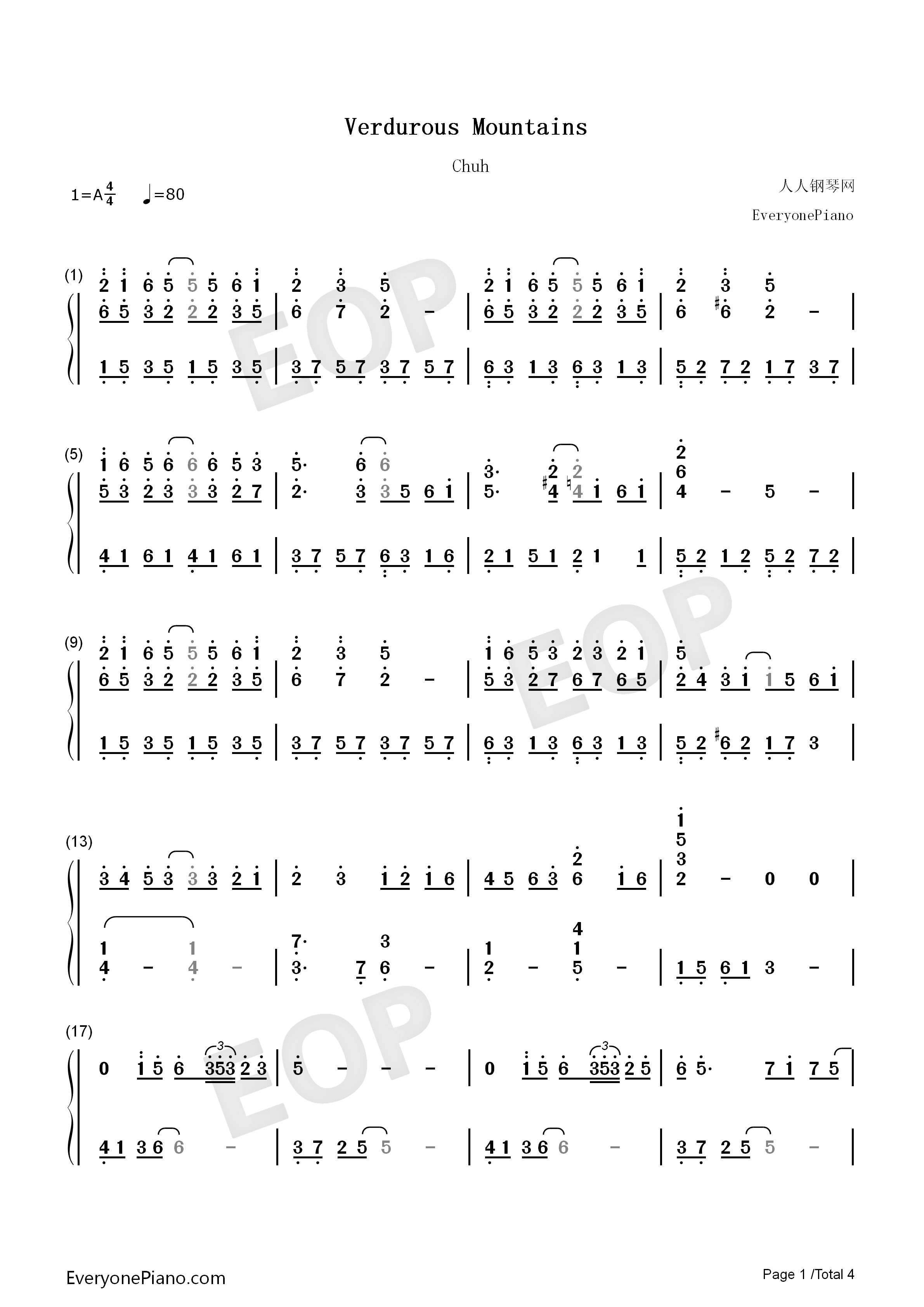 Verdurous_Mountains钢琴简谱_渡边雅二演唱