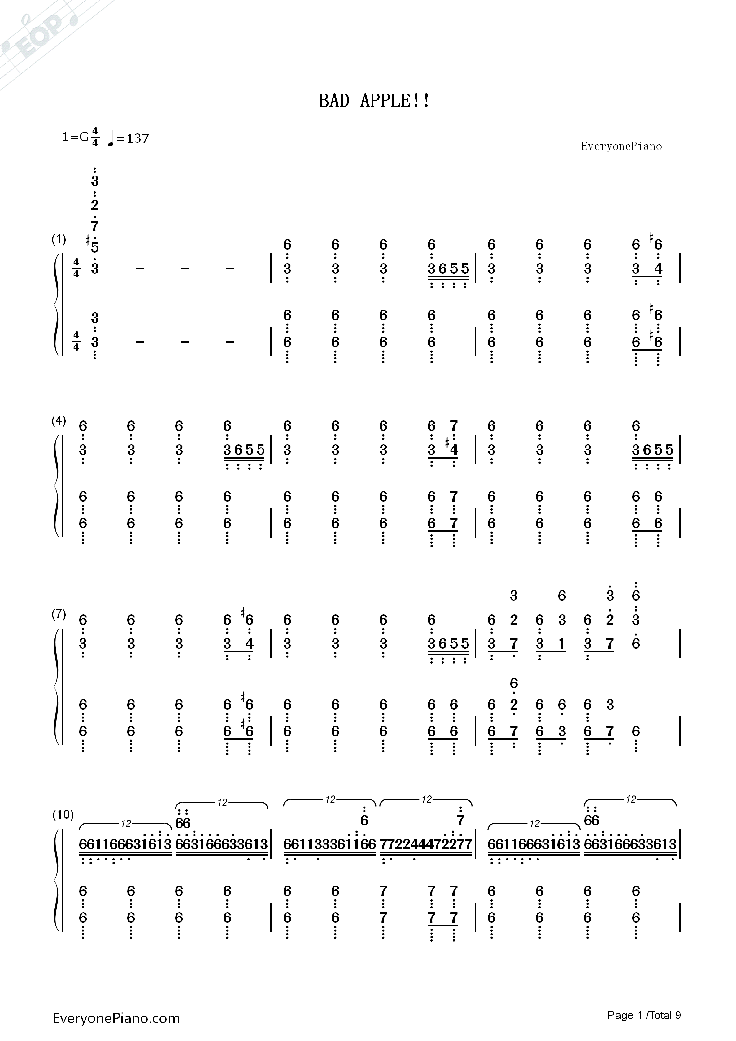 Bad_apple!!钢琴简谱_东方project演唱