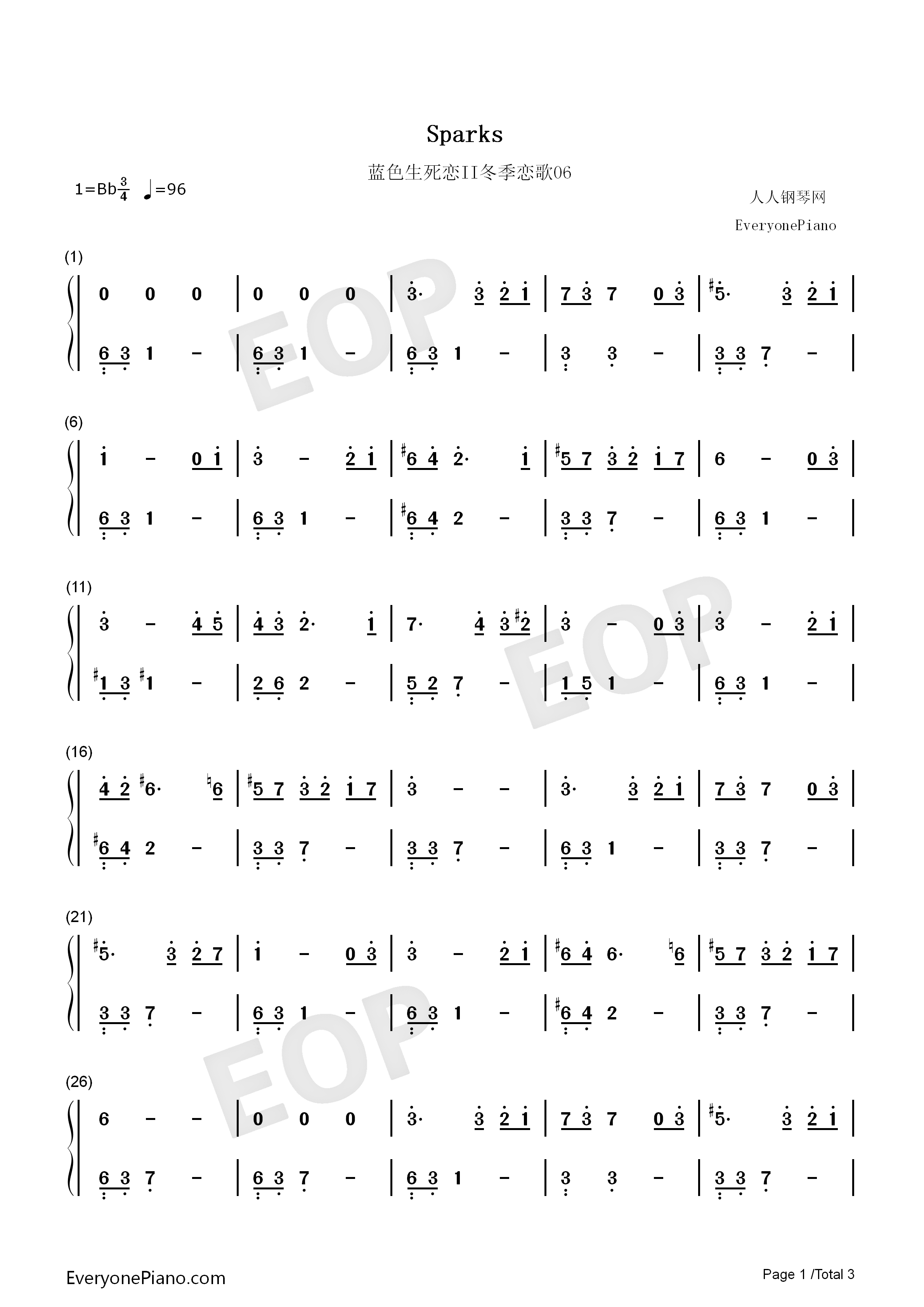 Sparks钢琴简谱_未知演唱