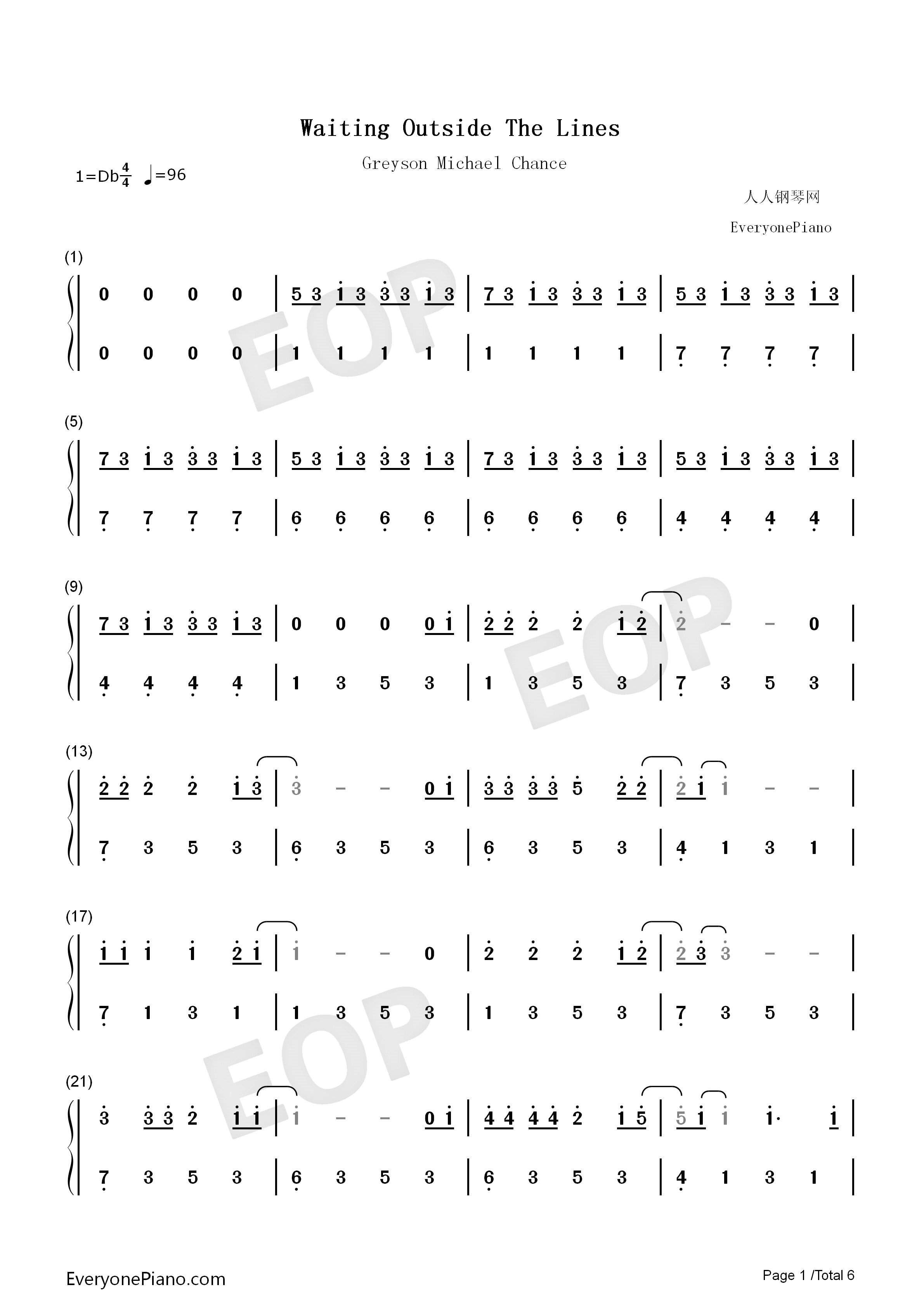 Waiting_Outside_The_Lines钢琴简谱_Greyson_Chance__格雷森·蔡斯演唱