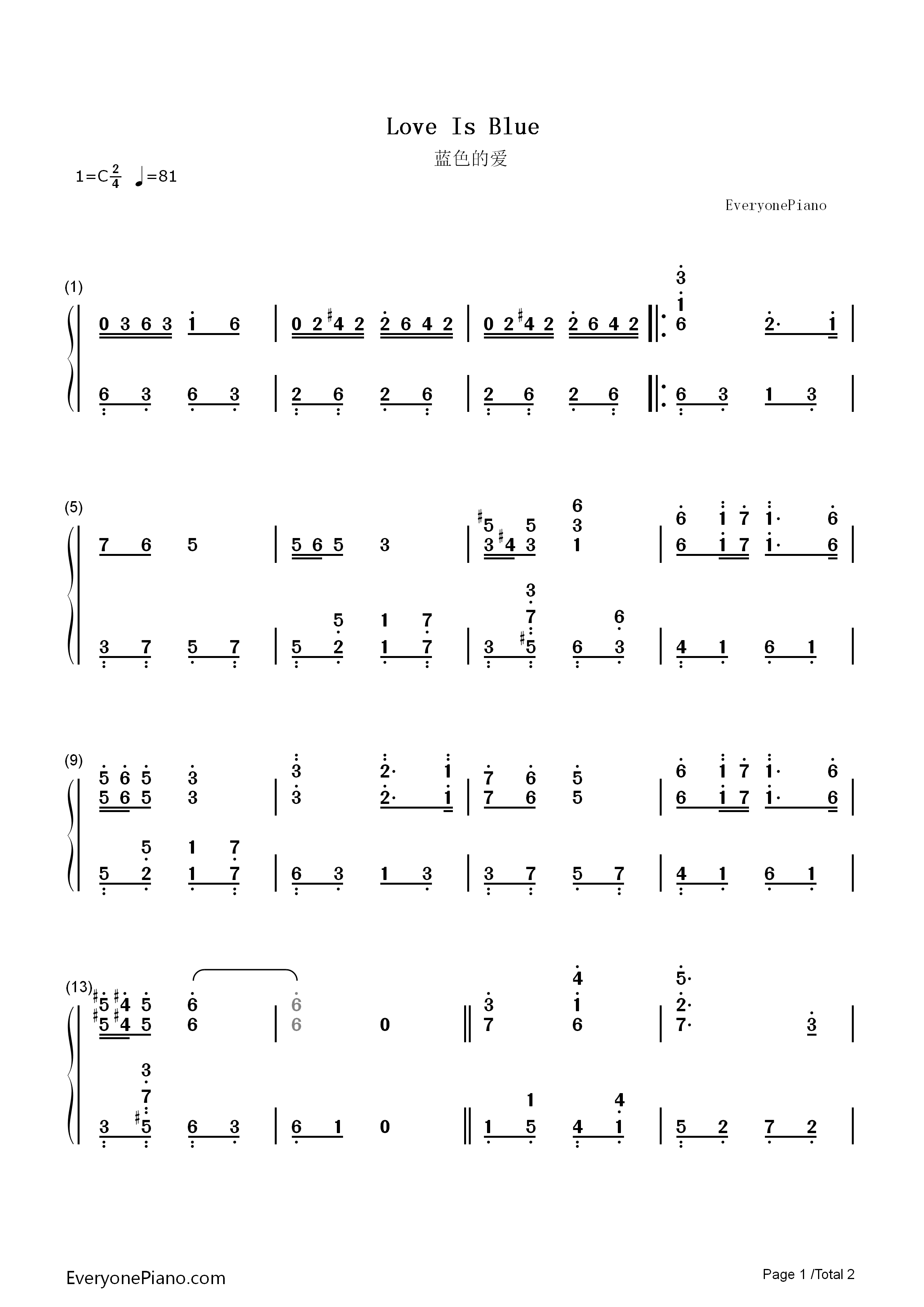 蓝色的爱（LOVE_IS_BLUE）钢琴简谱_理查德·克莱德曼演唱